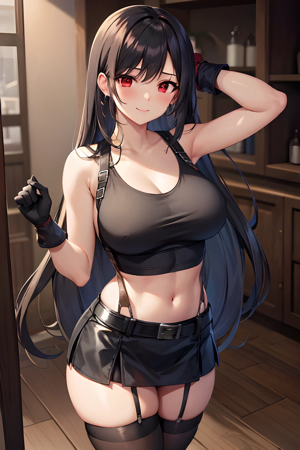 Tifa FF7, 1 girl, solo, watching viewer, blushing, wariza, seductive smile, tank top, black skirt, suspender skirt, midriff, black thighs, red gloves, bra, zettai ryoki, standing