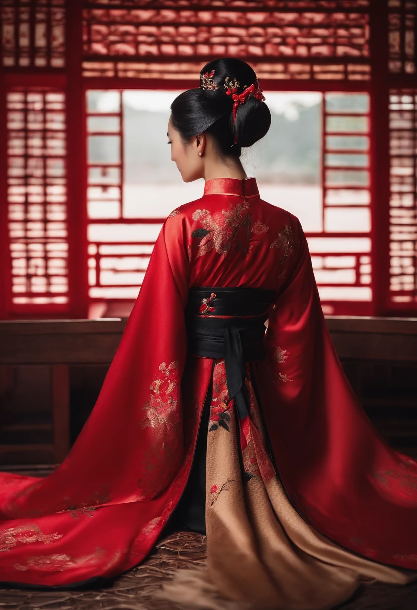 8k, best quality masterpiece, femme, Un, (Forme douce), visage parfait, Robe Hanfu, sexy, fascinant, Robe noir en tissu mince, tour, Tour de la lanterne rouge,