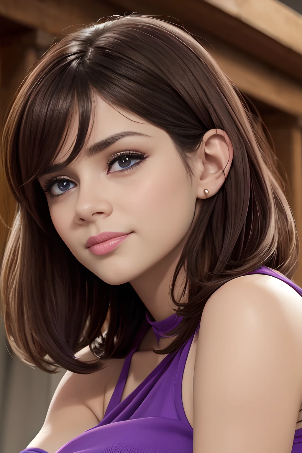 Nsfw, 8k,Alta calidad,obra maestra,1girll, solamente, purple eyes, brown hair, Siete pecados capitales, Diane, lengua, un ojo cerrado, lengua fuera, lenceria, sonrojarse, lactando:1.3 colas gemelas, Giganta, Mirando al espectador,, Cabello largo, ;p, :p, They are smiling, primer plano