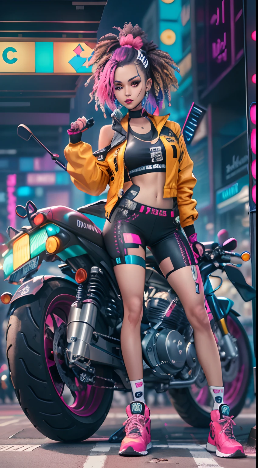 1 girl on a motorcycle，Cyberpunk 2077，Extreme light and shadow，Aurora chase，extremelycomplicateddetails，Extremely strong reflected light，Extreme ambient light，the city that never sleeps，Analog cameras，rendering by octane，8K，CGSociety trends，Extremely complex and delicate eye structure，facing at the camera，neon light detail，globalillumination，Super delicate facial features，Ultra-delicate skin，Cold，Cyberpunk 2077 Ultra Sci-Fi Motorcycle，Armed with a Super Cyberpunk 2077 gun，Very detailed pupil structure，Look back at the full body close-up。Neon scene at night