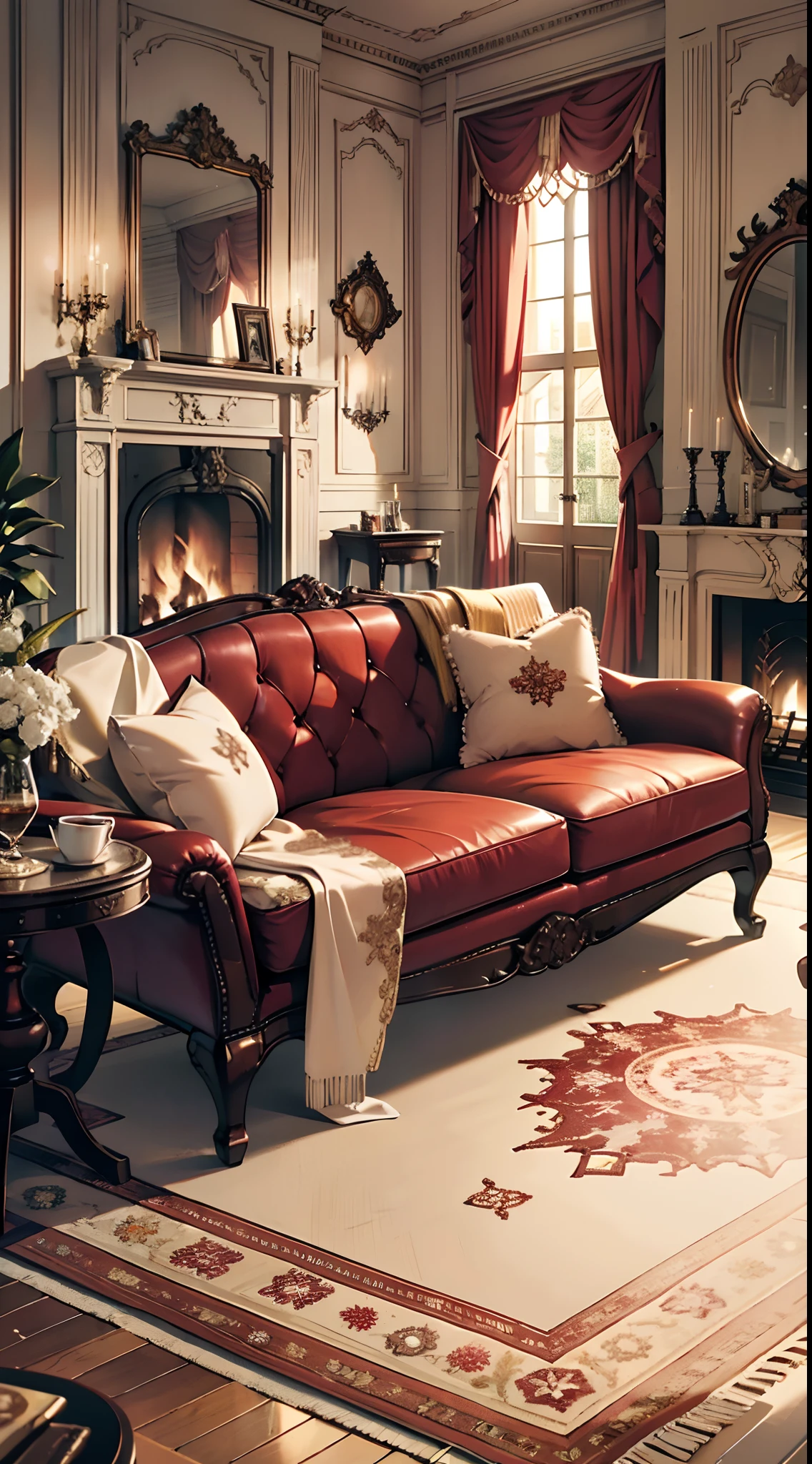 Photography, sofa, tea table, ( living room), curtains, waxy candles, decorations, wooden floor, carpet, fireplace