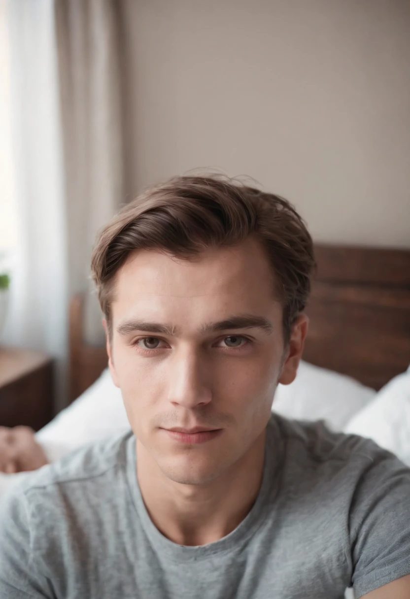 "Yunga Haupt" ist exakt geschrieben, Mann mit T-Shirt, 18 Jahre in bed selfie