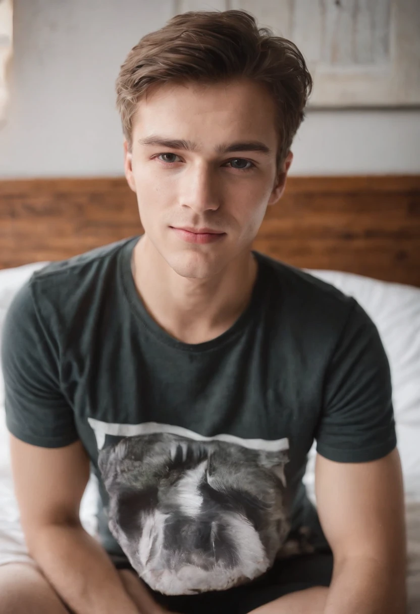 "Yunga Haupt" ist exakt geschrieben, Mann mit T-Shirt, 18 Jahre in bed selfie
