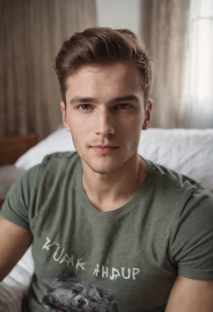 "Yunga Haupt" ist exakt geschrieben, Mann mit T-Shirt, 18 Jahre in bed selfie