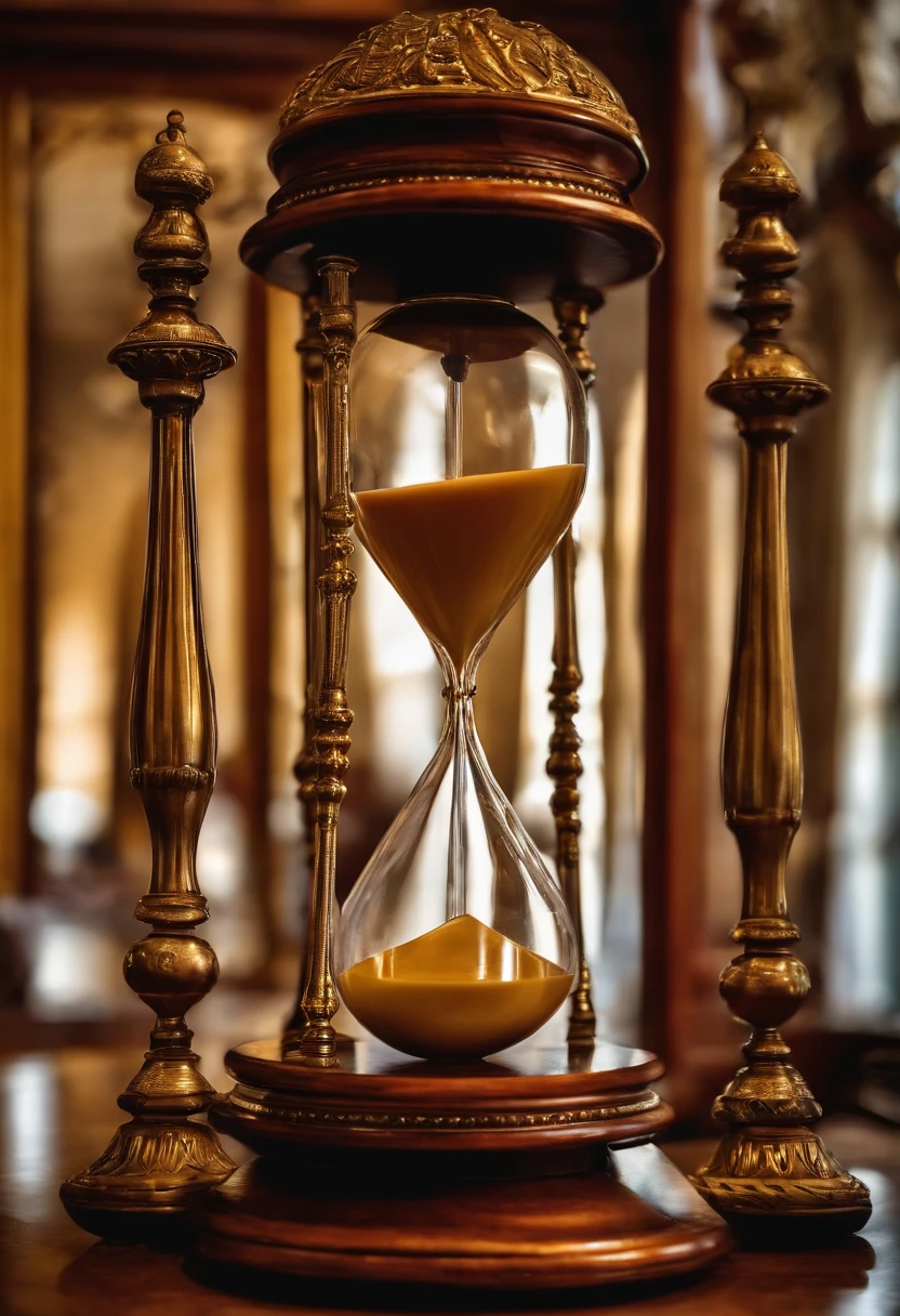 a closeup of an hourglass with a clock in the background, hourglass ⌛️, Detalhes intrincados da ampulheta, Ampulheta, time does not exist anymore, time is running out, ampulheta, preso dentro de uma ampulheta, A passagem do tempo, preso no fluxo do tempo, A passagem do tempo, time consumes us all