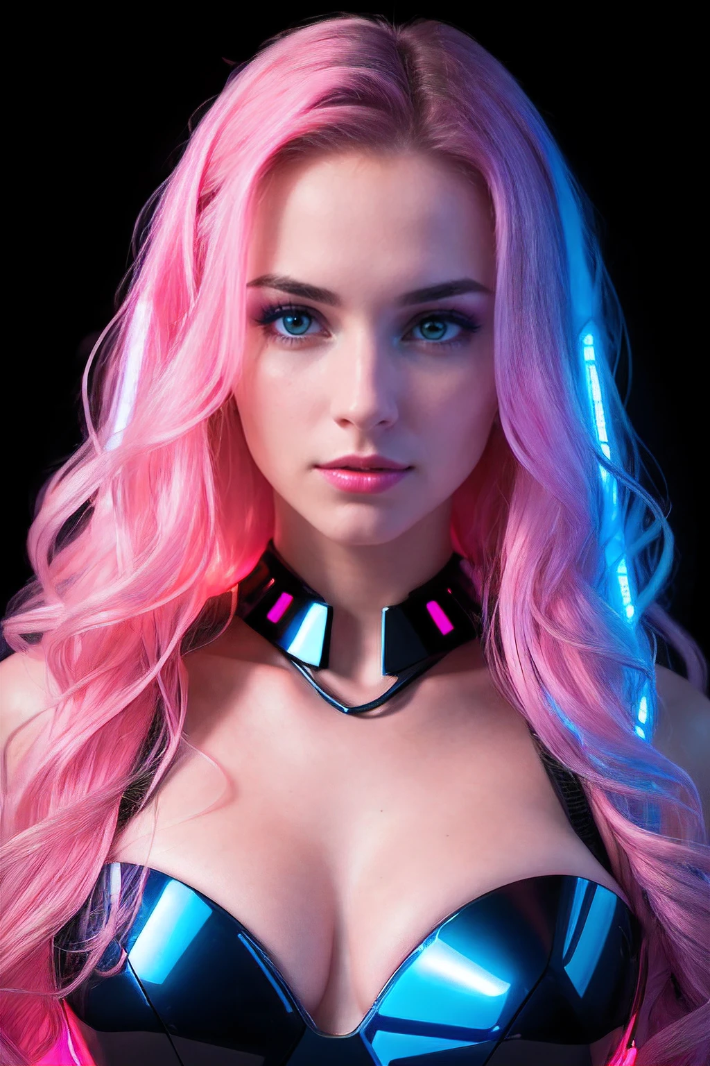 amoled ultra realistic photograph of a 25 years old european girl, RAW, beautiful woman, (extra long wavy black hair with pink and blue neon lighting), ((portrait)), ((detailed face:1.2)), ((detailed facial features)), (finely detailed skin), pale skin, (high detailed deep cleavage cyberpunk steel dress), black background, (cold colors), damp, moist, reflections, (masterpiece) (perfect proportion)(realistic photo),(best quality), (detailed), (strong amoled pink and blue neon lighting), (sharp focus) (intricate)