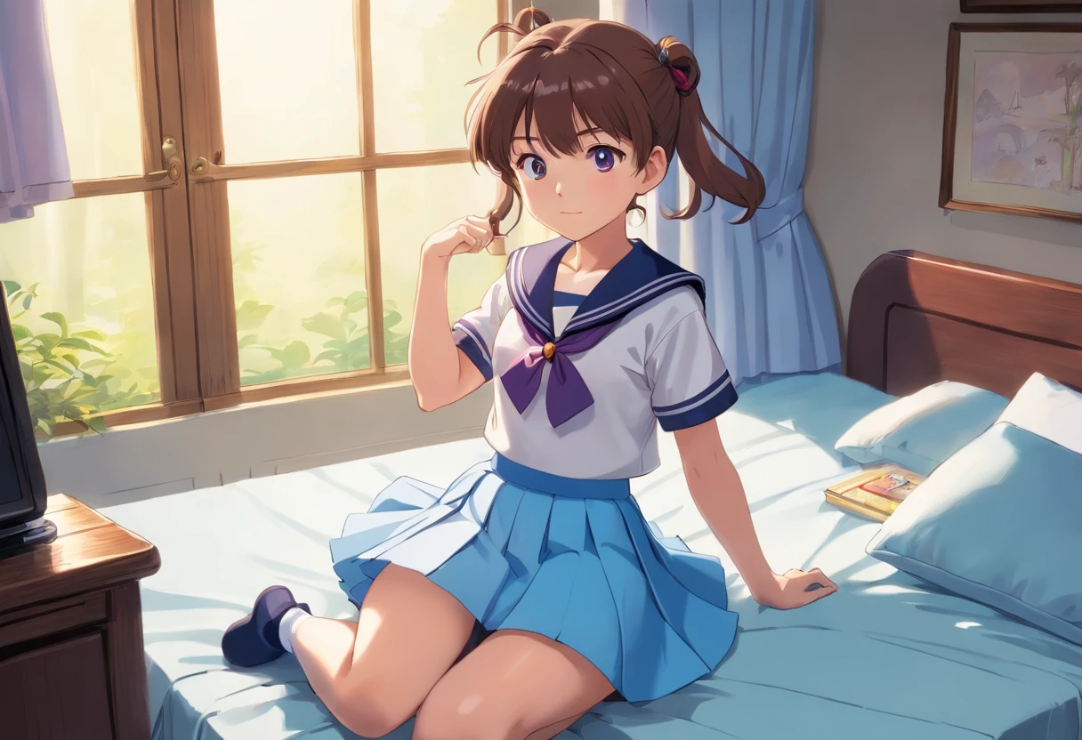 Beautiful illustration、top-quality、12 year old girl with brown ponytail and medium hair tied with purple elastic. Her S is very small. Her eyes are dark blue、on the beds、(((light blue pleated skirt)))、(((a sailor suit)))、shortsleeves、Small、Flipping up the skirt with your hands、Knee sock feet、on the beds、lovely thighs、glowing thigh