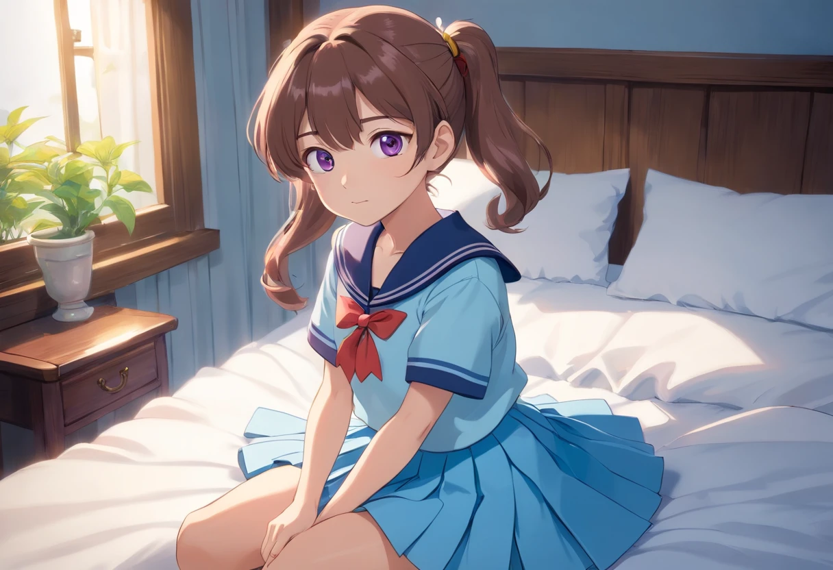 Beautiful illustration、top-quality、 girl with brown ponytail and medium hair tied with purple elastic. Her S is very small. Her eyes are dark blue、on the beds、(((light blue pleated skirt)))、(((a sailor suit)))、shortsleeves、Small、Flipping up the skirt with your hands、Knee sock feet、on the beds、lovely thighs、glowing thigh