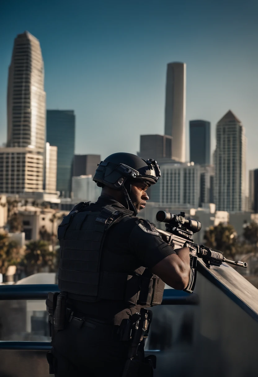 LAPD officer, male focus, black SWAT outfit, he is on the side of an Armored SWAT car, los angeles city backdrop, he is heavily armed with a rifle, city backdrop, ultra detailed scenery, ultra sharp focus