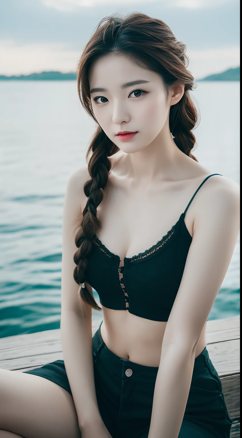 Realistic photos of (1 cute Korean star) single braid, thin makeup, 32 inch breasts size, wearing black camisole, sitting in front of the ocean, upper body portrait, cinematic lightning, UHD