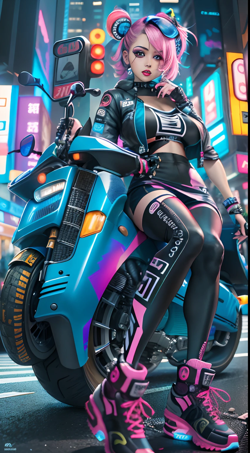 Masterpiece, Best quality, 1 Cyberpunk Girl, Full body shot, Stand in front of the motorcycle, view the viewer, Confident cyberpunk girl with funky expression, Popular costumes in Harajuku style, Bold colors and patterns, Eye-catching accessories, Trendy and innovative hairstyle, Vibrant makeup, Cyberpunk's dazzling cityscape, skyscrapper, Neon signs, LED lights, Bright and vivid color scheme, anime big breast, illustration, Detailed skin texture, Detailed cloth texture, Beautiful detailed face, Intricate details, Ultra detailed.
