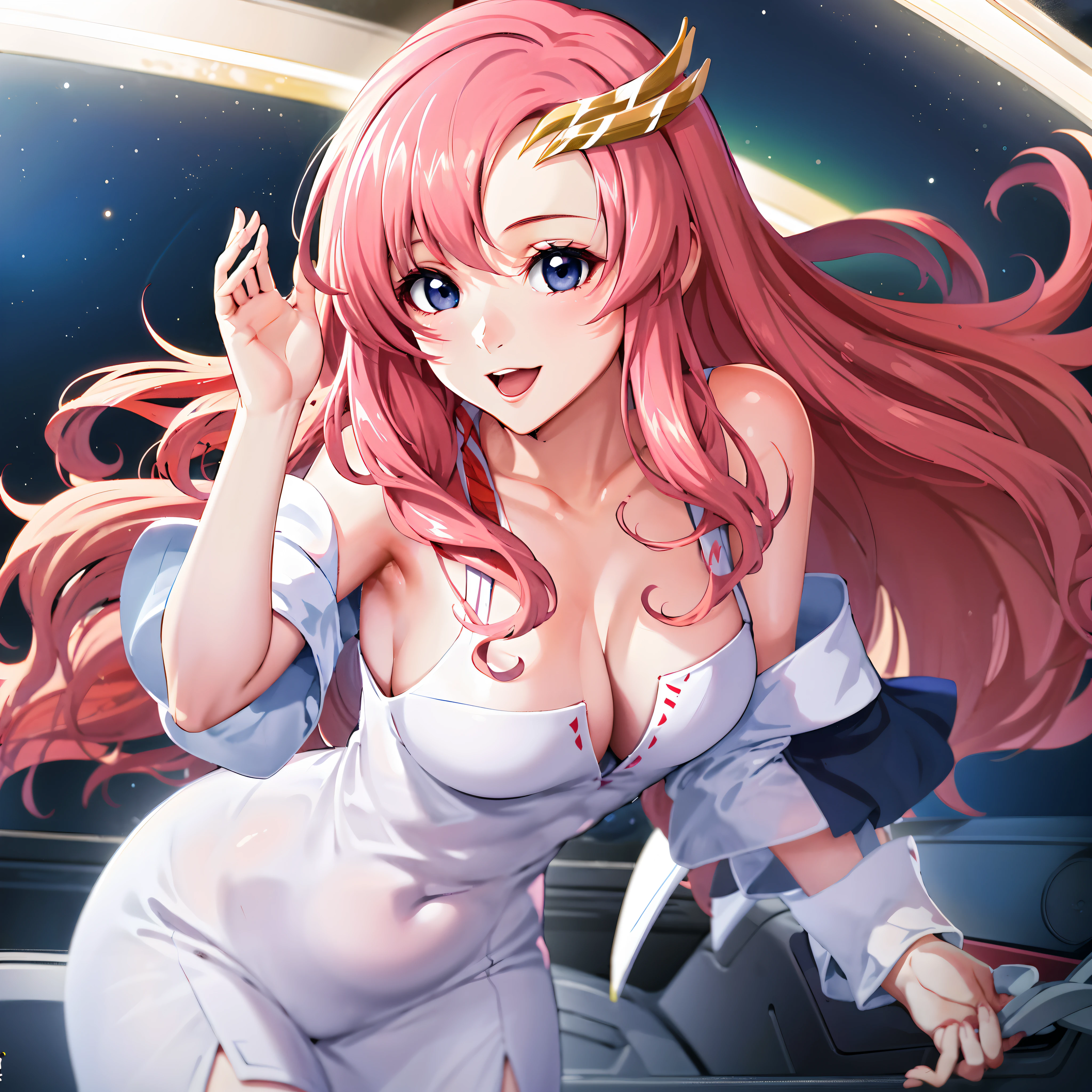 (masutepiece, 4K, Best Quality, Anime style: 1.9, Detailed face, Pure white background, bold drawing lines, hight resolution, lacus4), 1girl in, Solo, curvy figure, Long hair, Wavy Hair, Hair Ornament, Pink hair, cleavage, Big blue eyes, Off-shoulder, medium breasts, Smile, open mouth very much, very slim belly, cowboy shot, Leaning forward, Hungry、Pale and beautiful depiction、Beautiful pink hair、
