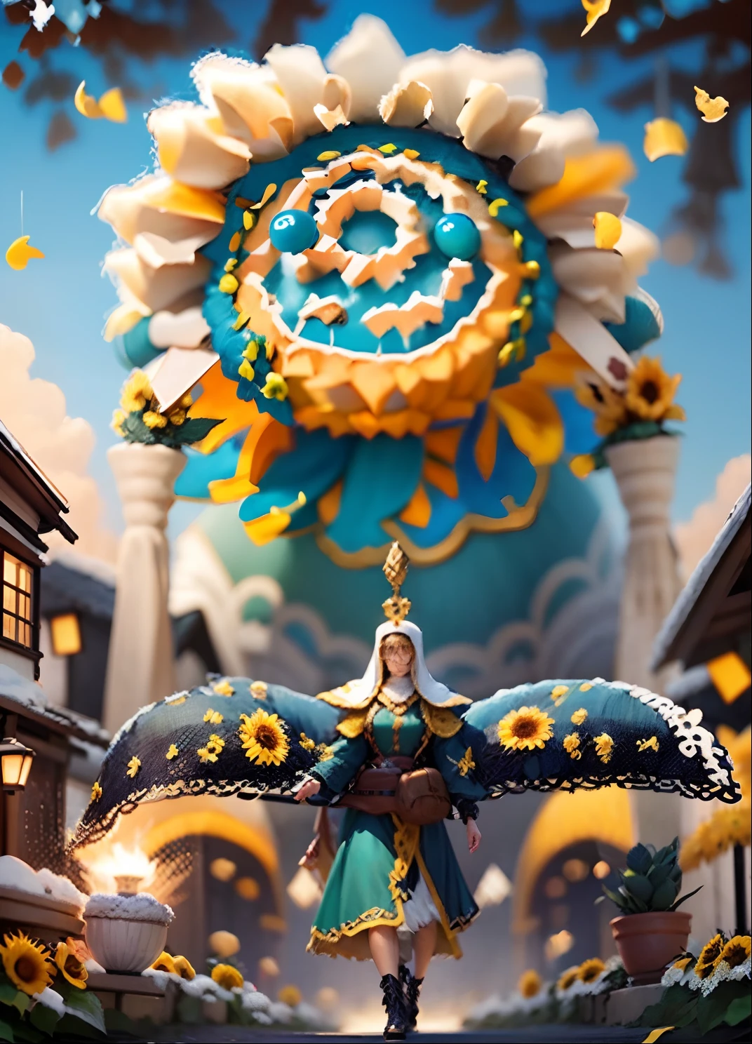 In a very grand scene，The extra-large wide-angle lens captures the appearance of a female centaur。She is a Sunflower Worship nun，Always opposed（Healing emoji smiley face of knitted sunflower puppet😊：99.99）DOA。She is tall，It has the ultimate curvy beauty，The muscles are slender and firm，Beautiful lines。She has（Super huge sky blue eyes：99.99）、always（Wearing sexy glasses：6.66）、（She wears solemn nun attire：9.9）、Stepping on a boot-style skyscraper-heel、A pink cross hangs on his chest。Use Midjourney's advanced tools，Designed for female centaurs（A knitted sunflower puppet and create a super healing cartoon smiley face in the center of the flower tray as a decoration：9.9），and noble and solemn nun costumes，and highlight her unique physiological characteristics and appearance details，Add realism。And in the context of her prayers and listening to confessions，Spectacular views of nature，Such as the sky where storms and sunny days alternate、Brilliant rivers of stars and auroras、The snow-capped summit of Mount Everest、Fireworks in the mountain town, etc。ao mesmo tempo，Away from the hustle and bustle next to the chapel，Create a fantastic scene。Use Midjourney's advanced tools and multiple color palettes、Brush Strokes、Texture tools and model packages，It shows a sense of atmosphere where beauty and charm coexist。The charm of the female centaur is highlighted through color and lines，Enhance realism with detailing，Create a surreal dreamy feeling。Additionally，Use Midjourney's tools to add various exorcism props and books to the female centaur、pergaminhos，Create intricate hairstyles and outfits，Give her a sense of premium。She never flinches，No matter what monster you encounter，can respond quickly，Even the most extreme armies of natural disasters and monsters could not stop her and her front（Sunflower with Tyndall effect that emits sunlight9.99）。Use Midjourney's powerful tools，You can do it with incredible detail and beauty，Bring this ultra-grand and beautiful scene to life。Ultra-grand sc