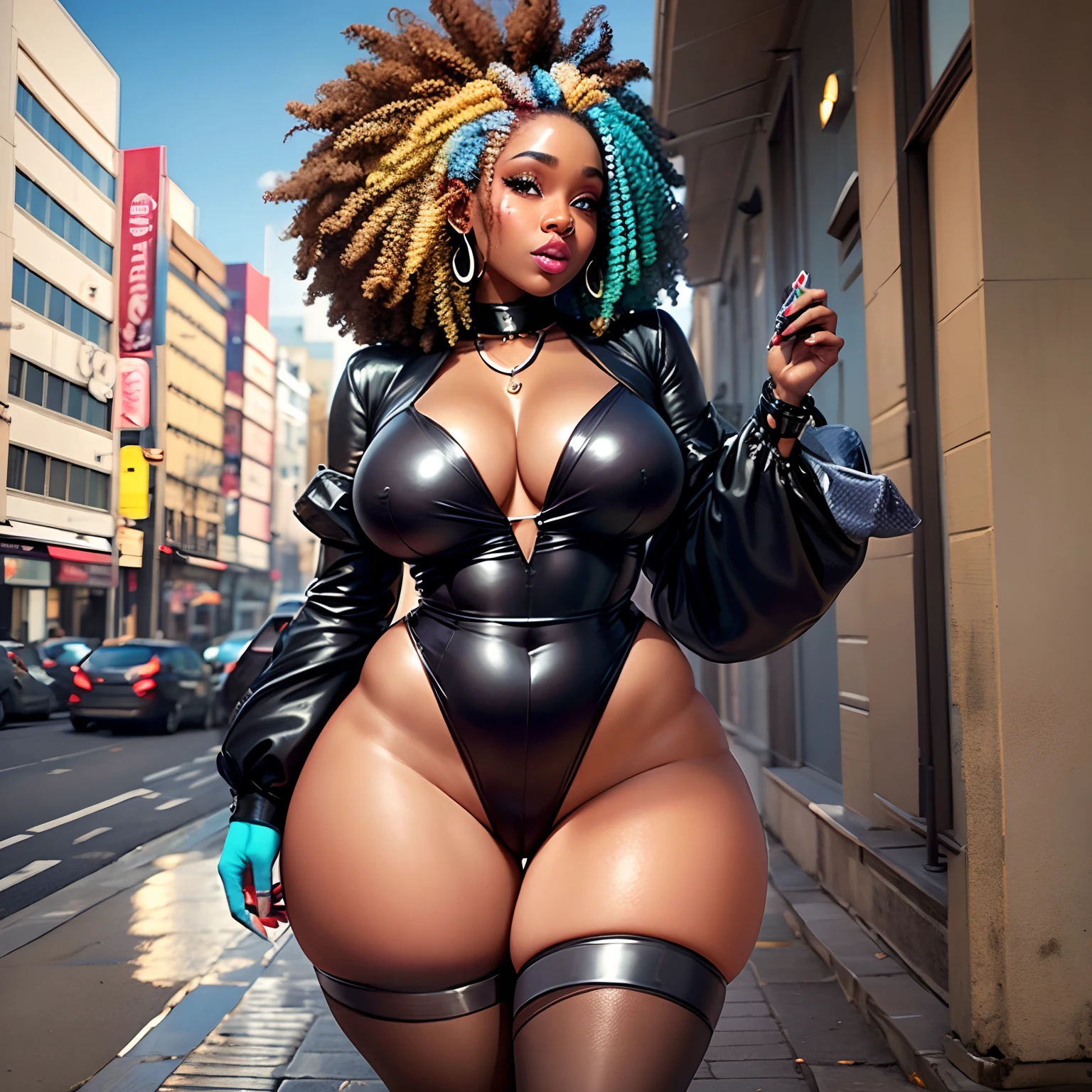 Femme noire avec des rondeurs avec des cheveux afro ,de gros seins un ventre plat et de grosse fesses , un habillement sexy mais respectable,  un collier ,des boucles d'oreilles et un sac regard doux aimable et sexy .