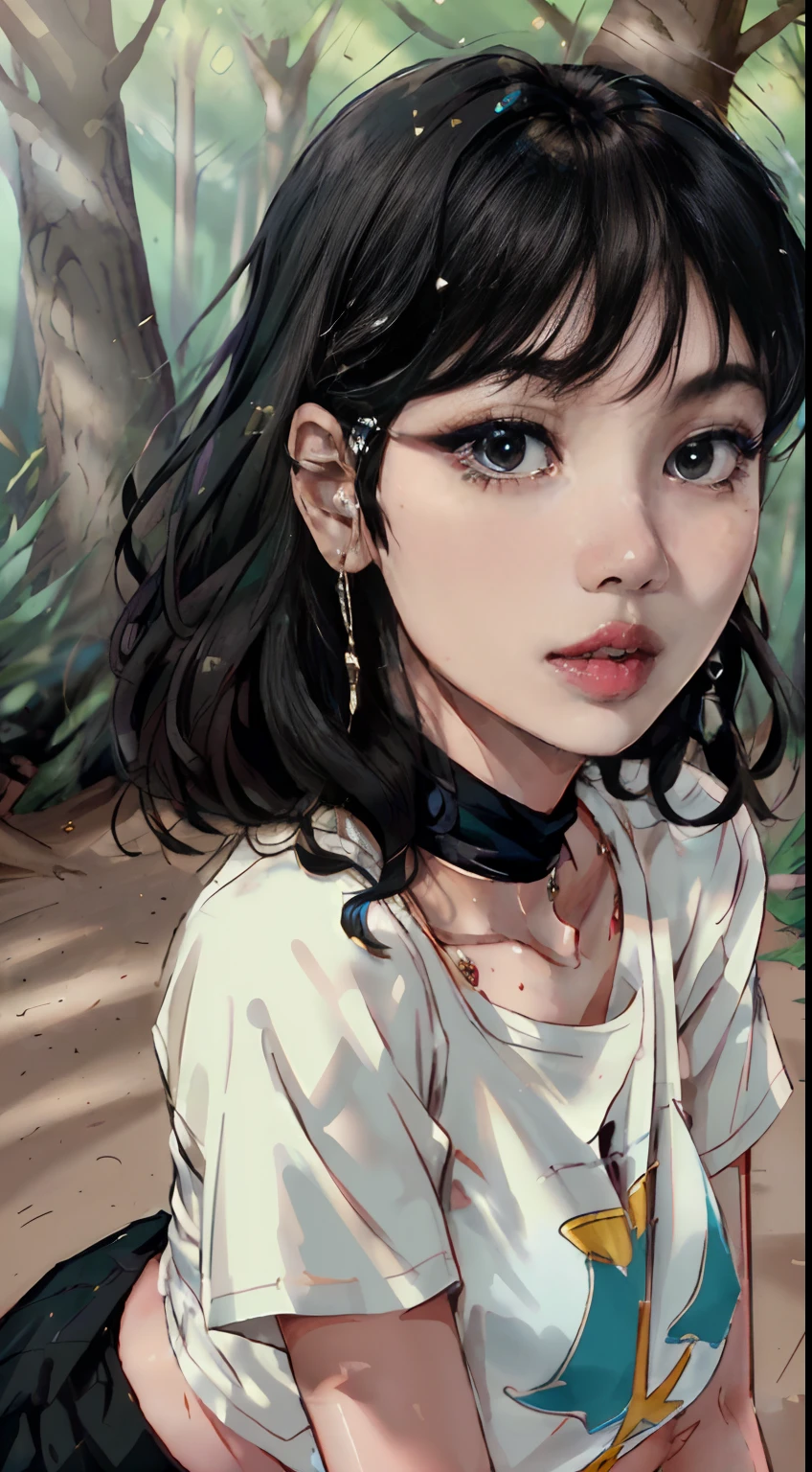 ((Lisa from Blackpink)), t-shirt, tiny pleated skirt, waist-high black tights, high heels, face close-up, very fair skin, short hair, wavy hair, camp, forest, photorealistic, indirect lighting, volumetric light, ray tracing, hyperdetailed, best quality, high resolution, HDR, 8k