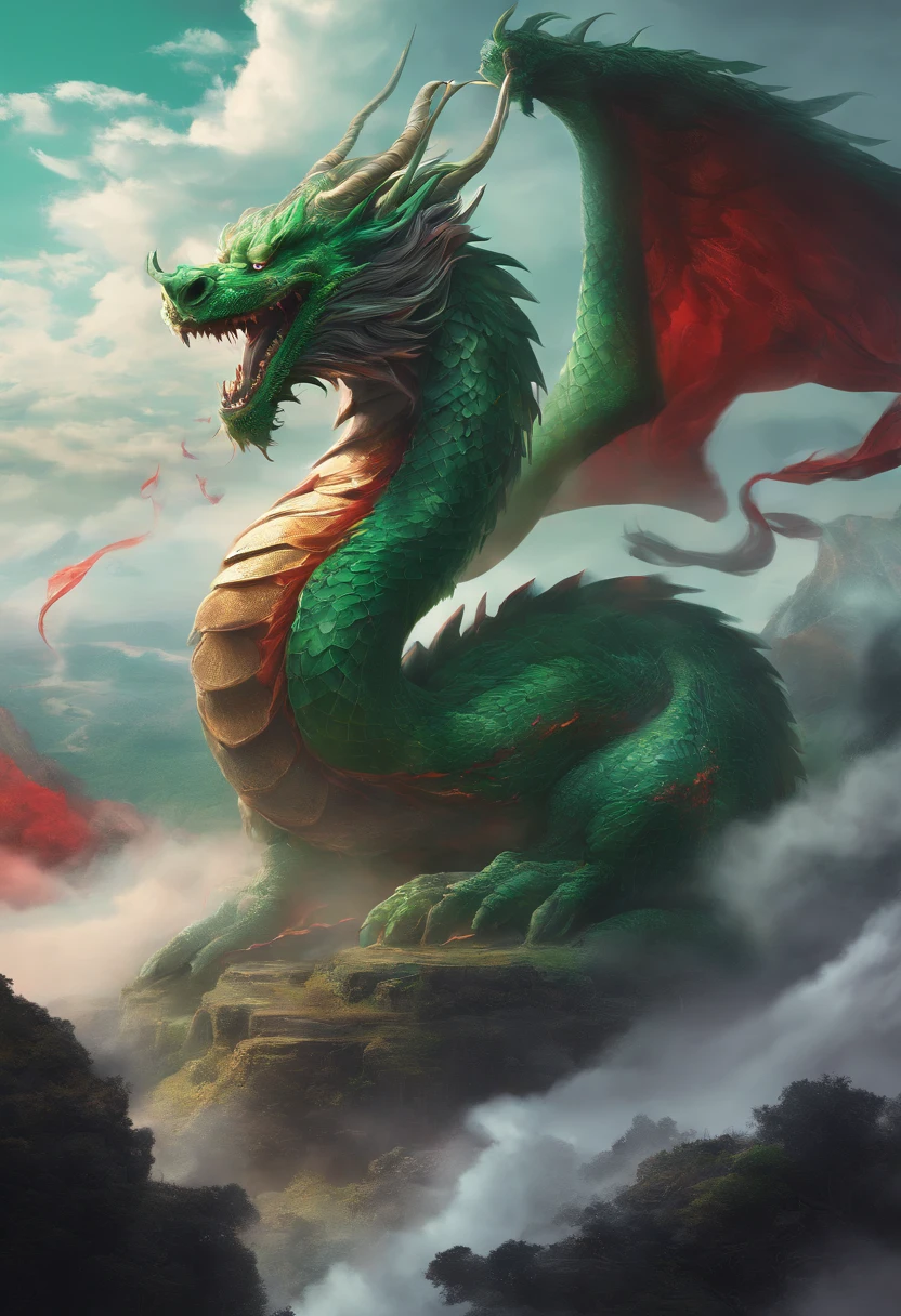 china style，Chinese mythology，Chinese Green Dragon，tosen，Ferocious，immensity，Eyes glow red，glow effect，Surrounded by clouds，Thick clouds，buliding，中景 the scene is，Full body like， Highly detailed surreal VFX，OC rendering，