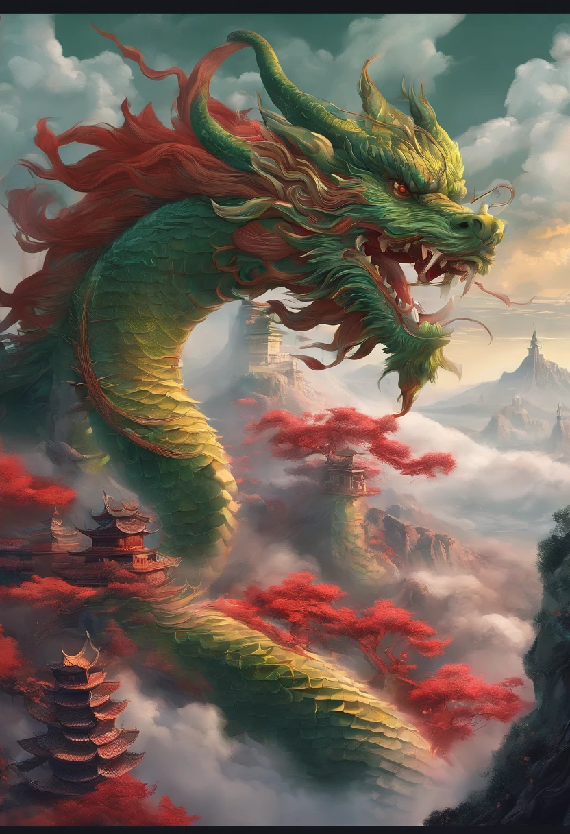 china style，Chinese mythology，Chinese Green Dragon，tosen，Ferocious，immensity，Eyes glow red，glow effect，Surrounded by clouds，Thick clouds，buliding，中景 the scene is，Full body like， Highly detailed surreal VFX，OC rendering，