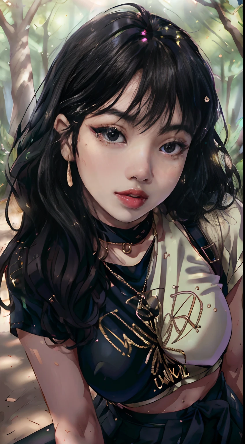 ((Lisa from Blackpink)), t-shirt, tiny pleated skirt, waist-high black tights, high heels, face close-up, very fair skin, short hair, wavy hair, camp, forest, photorealistic, indirect lighting, volumetric light, ray tracing, hyperdetailed, best quality, high resolution, HDR, 8k