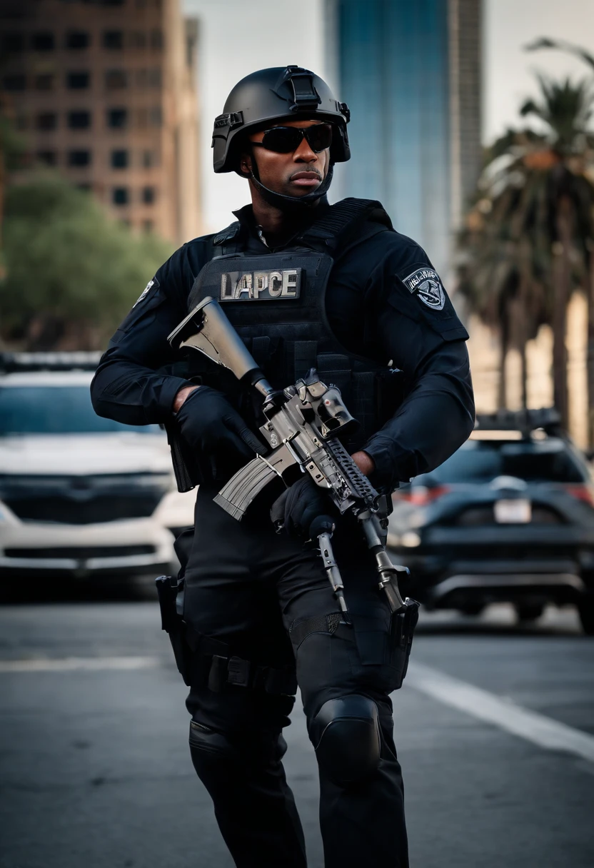 LAPD officer, male focus, black SWAT outfit, he is on the side of an Armored SWAT car, los angeles city backdrop, he is heavily armed with a rifle, city backdrop, ultra detailed scenery, ultra sharp focus