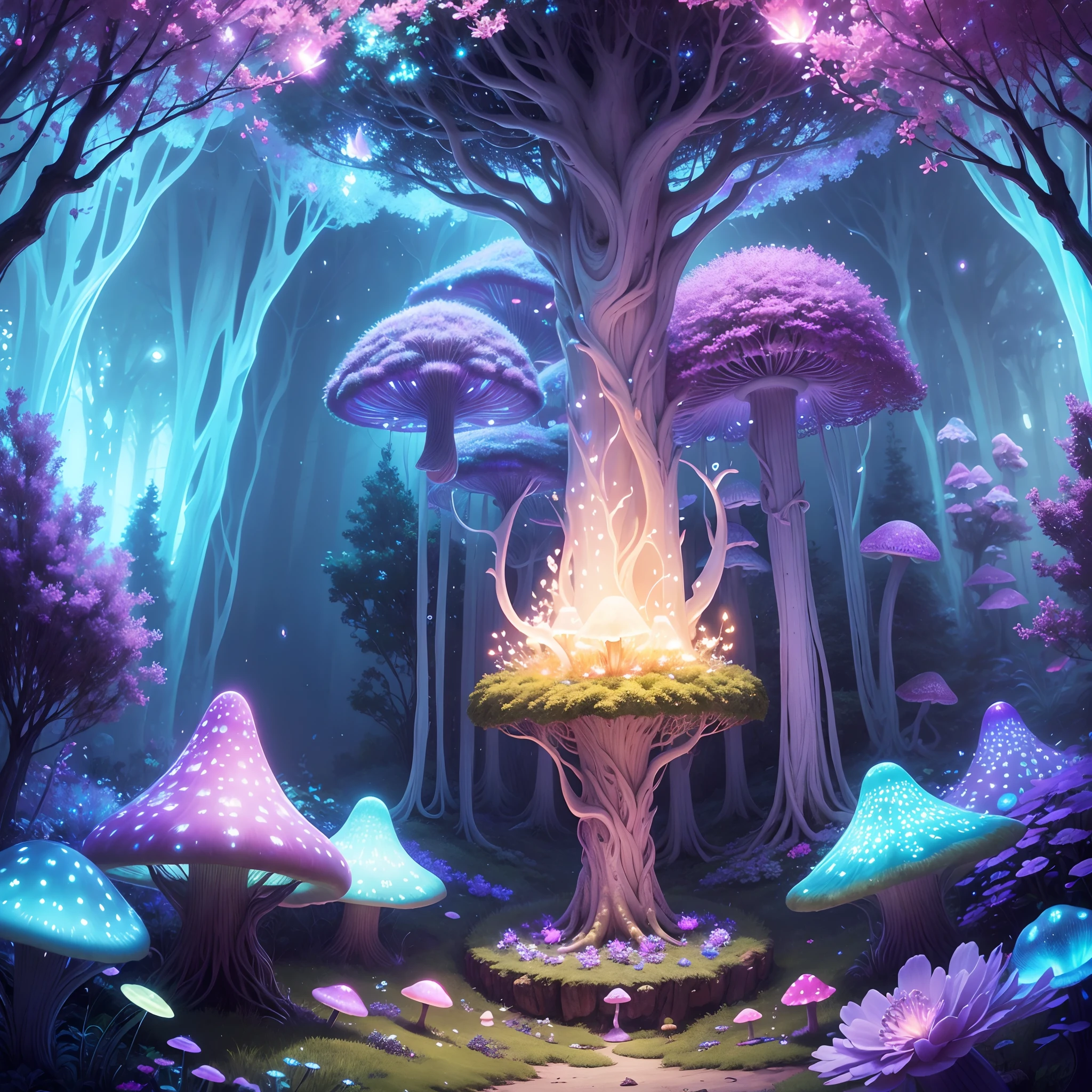 best quality,highres,masterpiece:1.2,ultra-detailed,realistic,photorealistic,psychedelic mushroom,enchanted forest,glowing mushrooms,dreamlike atmosphere,floating spores,colorful vegetation,fairy lights,magical patterns,ethereal vibes,whimsical fantasy,enchanted creatures,mystical landscape,vibrant colors,soft and diffused lighting,otherworldly beauty,dainty flora and fauna,mysterious glow,hauntingly beautiful,transcendent,tranquil ambiance,mythical beings,luminous foliage,magical glow,daydream-like,serene and surreal,ethereal ambiance,whisper of magic,spellbinding scene,hypnotic artwork,shimmering portal,wonderland of mushrooms,enchanted illumination