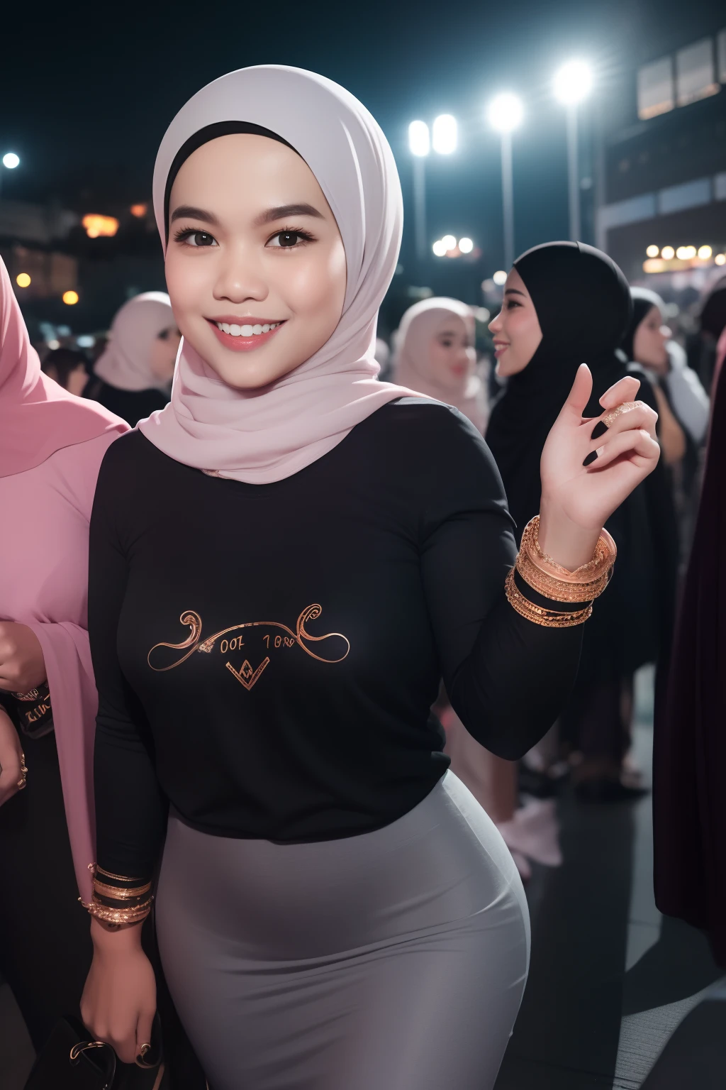 Portrait photography of a beautiful young malay girl ( mira filzah:1.0) in hijab wearing tight long sleeve tshirt and short skirt with leggings watching a concert, nighttime, concert background, bright lighting, smile and happy gesture