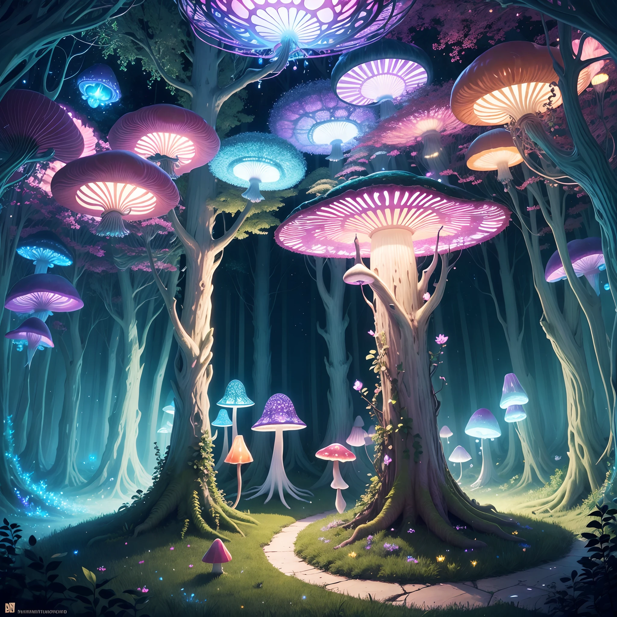 best quality,highres,masterpiece:1.2,ultra-detailed,realistic,photorealistic,psychedelic mushroom,enchanted forest,glowing mushrooms,dreamlike atmosphere,floating spores,colorful vegetation,fairy lights,magical patterns,ethereal vibes,whimsical fantasy,enchanted creatures,mystical landscape,vibrant colors,soft and diffused lighting,otherworldly beauty,dainty flora and fauna,mysterious glow,hauntingly beautiful,transcendent,tranquil ambiance,mythical beings,luminous foliage,magical glow,daydream-like,serene and surreal,ethereal ambiance,whisper of magic,spellbinding scene,hypnotic artwork,shimmering portal,wonderland of mushrooms,enchanted illumination