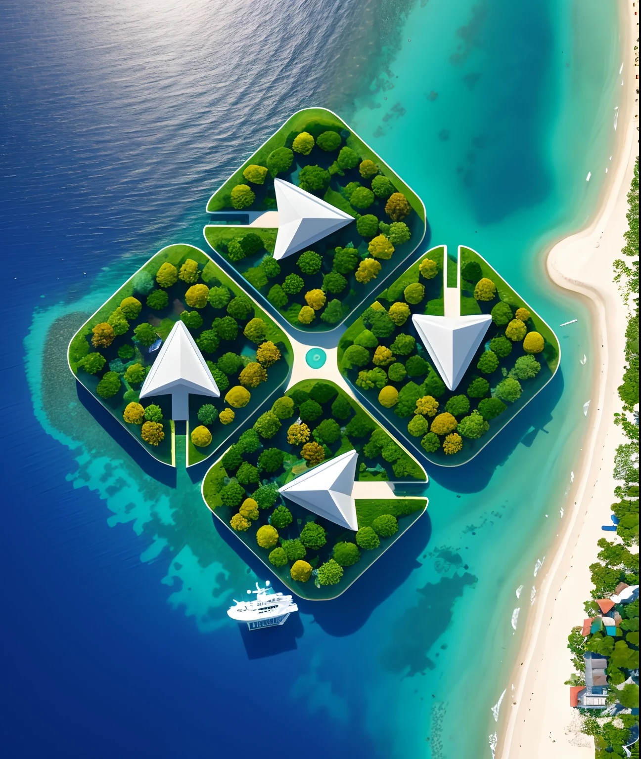 Birds eyes view. An Island surrounded by the Sea. The Island is in the shape of a arrows, the Island is covereg with greenery. The Island has white Sandy Beaches, there is a ship in the Sea, there are seagulls, drone photography, aerial view, tropical Island, aerial shot, very close to real nature