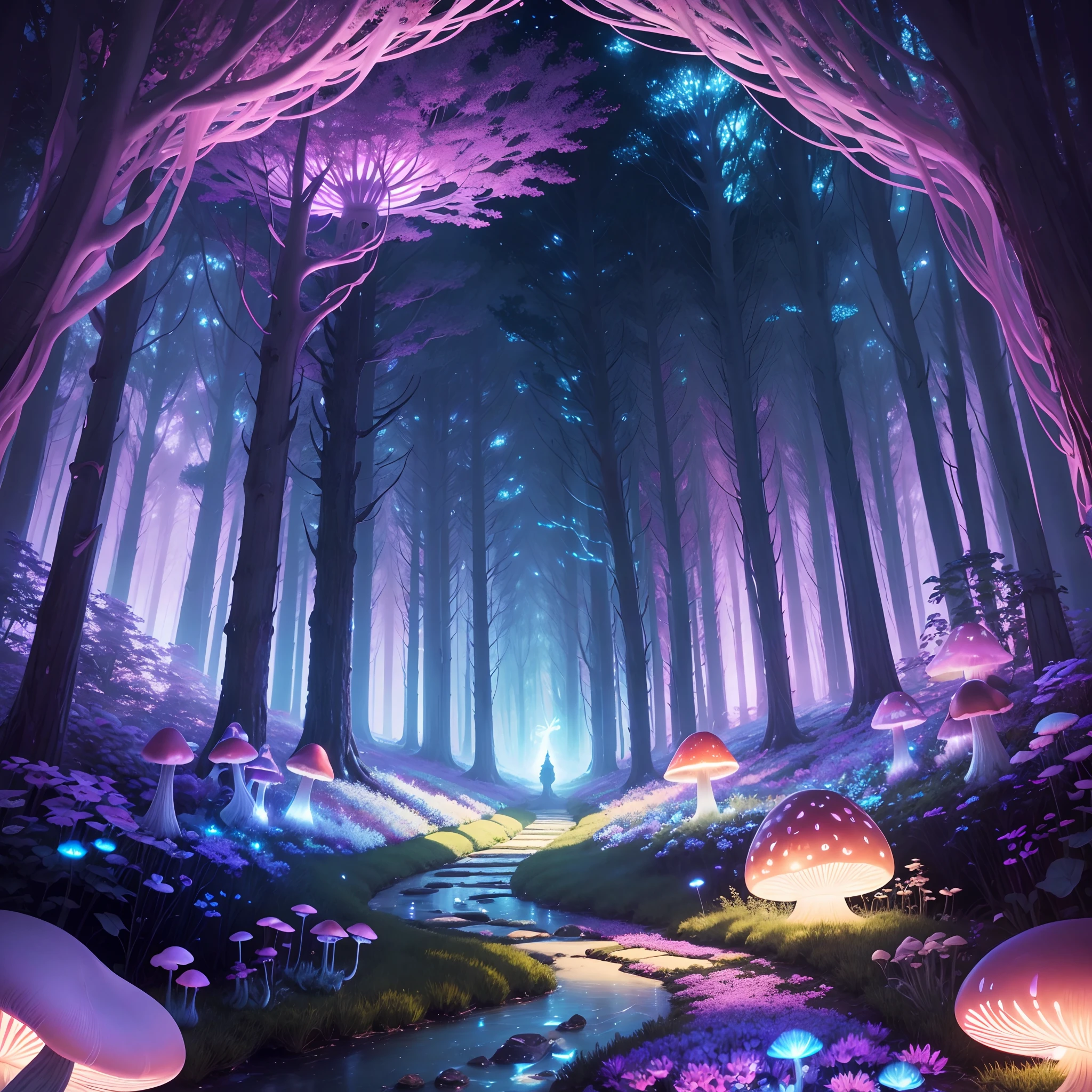 best quality,highres,masterpiece:1.2,ultra-detailed,realistic,photorealistic,psychedelic mushroom,enchanted forest,glowing mushrooms,dreamlike atmosphere,floating spores,colorful vegetation,fairy lights,magical patterns,ethereal vibes,whimsical fantasy,enchanted creatures,mystical landscape,vibrant colors,soft and diffused lighting,otherworldly beauty,dainty flora and fauna,mysterious glow,hauntingly beautiful,transcendent,tranquil ambiance,mythical beings,luminous foliage,magical glow,daydream-like,serene and surreal,ethereal ambiance,whisper of magic,spellbinding scene,hypnotic artwork,shimmering portal,wonderland of mushrooms,enchanted illumination