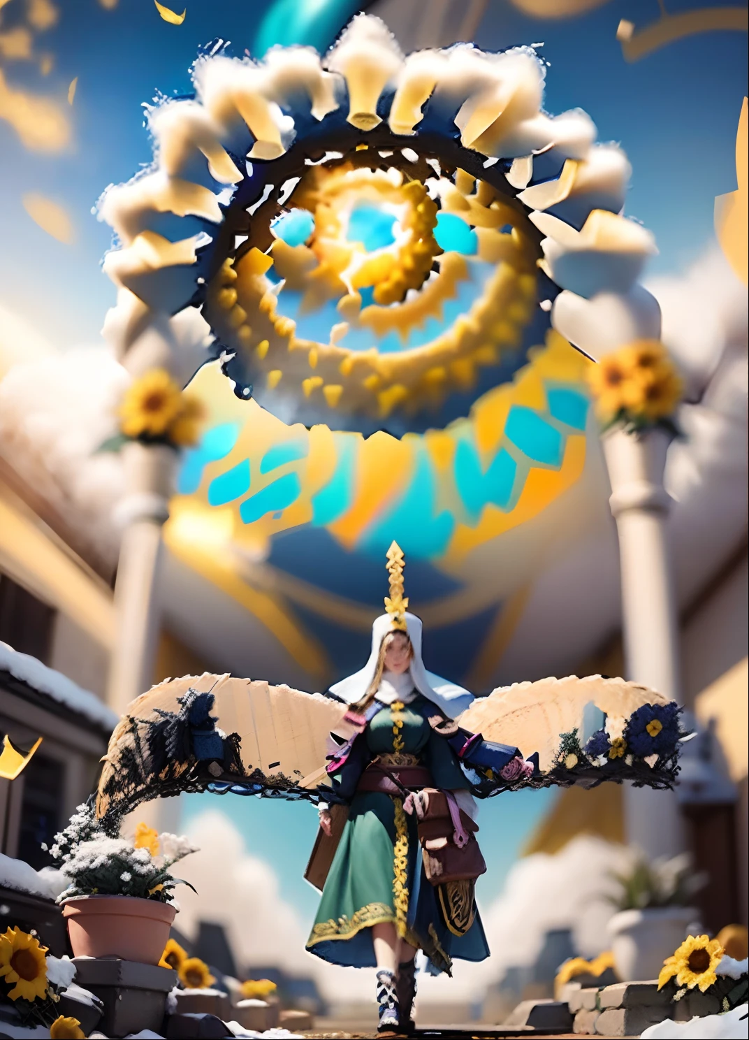 In a very grand scene,The extra-large wide-angle lens captures the appearance of a female centaur。She is a Sunflower Worship nun,Always opposed(Healing emoji smiley face of knitted sunflower puppet😊:99.99)DOA。She is tall,It has the ultimate curvy beauty,The muscles are slender and firm,Beautiful lines。She has(Super huge sky blue eyes:99.99)、always(Wearing sexy glasses:6.66)、(She wears solemn nun attire:9.9)、Stepping on a boot-style skyscraper-heel、A pink cross hangs on his chest。Use Midjourney's advanced tools,Designed for female centaurs(A knitted sunflower puppet and create a super healing cartoon smiley face in the center of the flower tray as a decoration:9.9),and noble and solemn nun costumes,and highlight her unique physiological characteristics and appearance details,Add realism。And in the context of her prayers and listening to confessions,Spectacular views of nature,Such as the sky where storms and sunny days alternate、Brilliant rivers of stars and auroras、The snow-capped summit of Mount Everest、Fireworks in the mountain town, etc。ao mesmo tempo,Away from the hustle and bustle next to the chapel,Create a fantastic scene。Use Midjourney's advanced tools and multiple color palettes、Brush Strokes、Texture tools and model packages,It shows a sense of atmosphere where beauty and charm coexist。The charm of the female centaur is highlighted through color and lines,Enhance realism with detailing,Create a surreal dreamy feeling。Additionally,Use Midjourney's tools to add various exorcism props and books to the female centaur、pergaminhos,Create intricate hairstyles and outfits,Give her a sense of premium。She never flinches,No matter what monster you encounter,can respond quickly,Even the most extreme armies of natural disasters and monsters could not stop her and her front(Sunflower with Tyndall effect that emits sunlight9.99)。Use Midjourney's powerful tools,You can do it with incredible detail and beauty,Bring this ultra-grand and beautiful scene to life。Ultra-grand sc