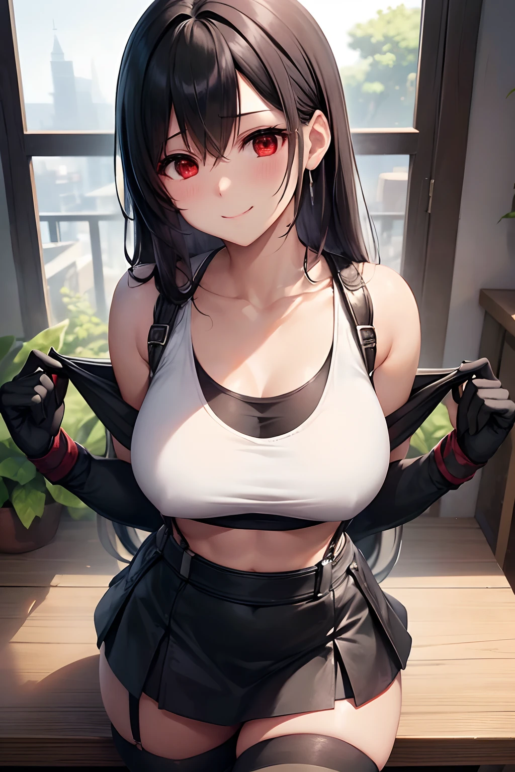 Tifa FF7、1girl in、独奏、looking at the viewers、blushing、wariza、seducting smile、(white tank tops:1.3)、a black skirt、Suspender skirt、Midriff、(black thighhighs:1.3)、Red gloves、bra very、zettairyouiki、is standing