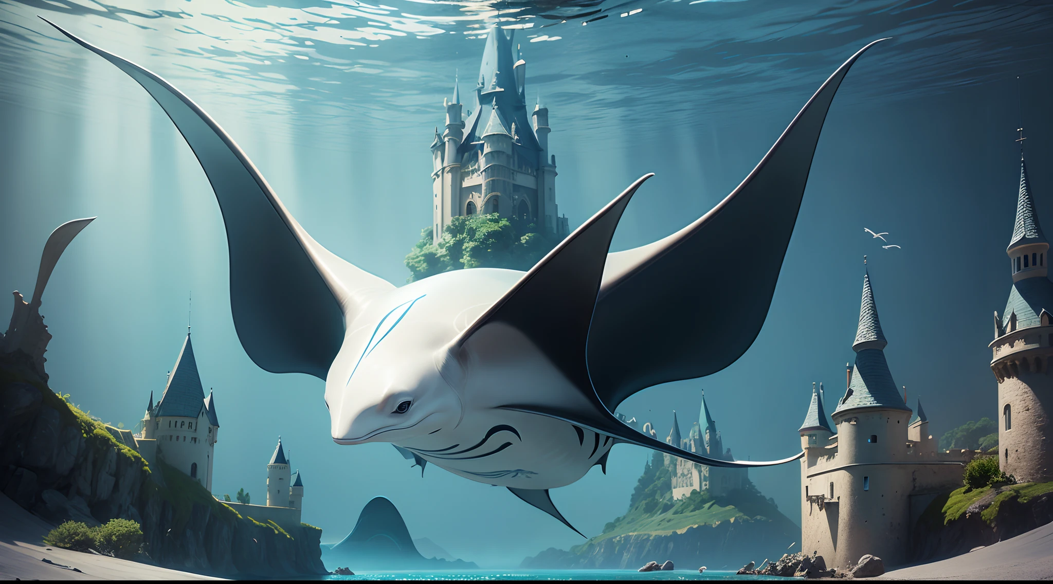 (Masterpiece, Dynamic, Creative) a manta ray with a castle on its back under water. HDR, ultra realistic photo, lots of detail.