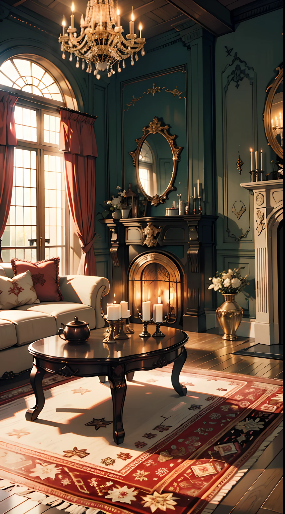 Photography, sofe, Tea table, ( Living room), Curtains, waxy candles, decorations, wooden floor, carpets, fireplace