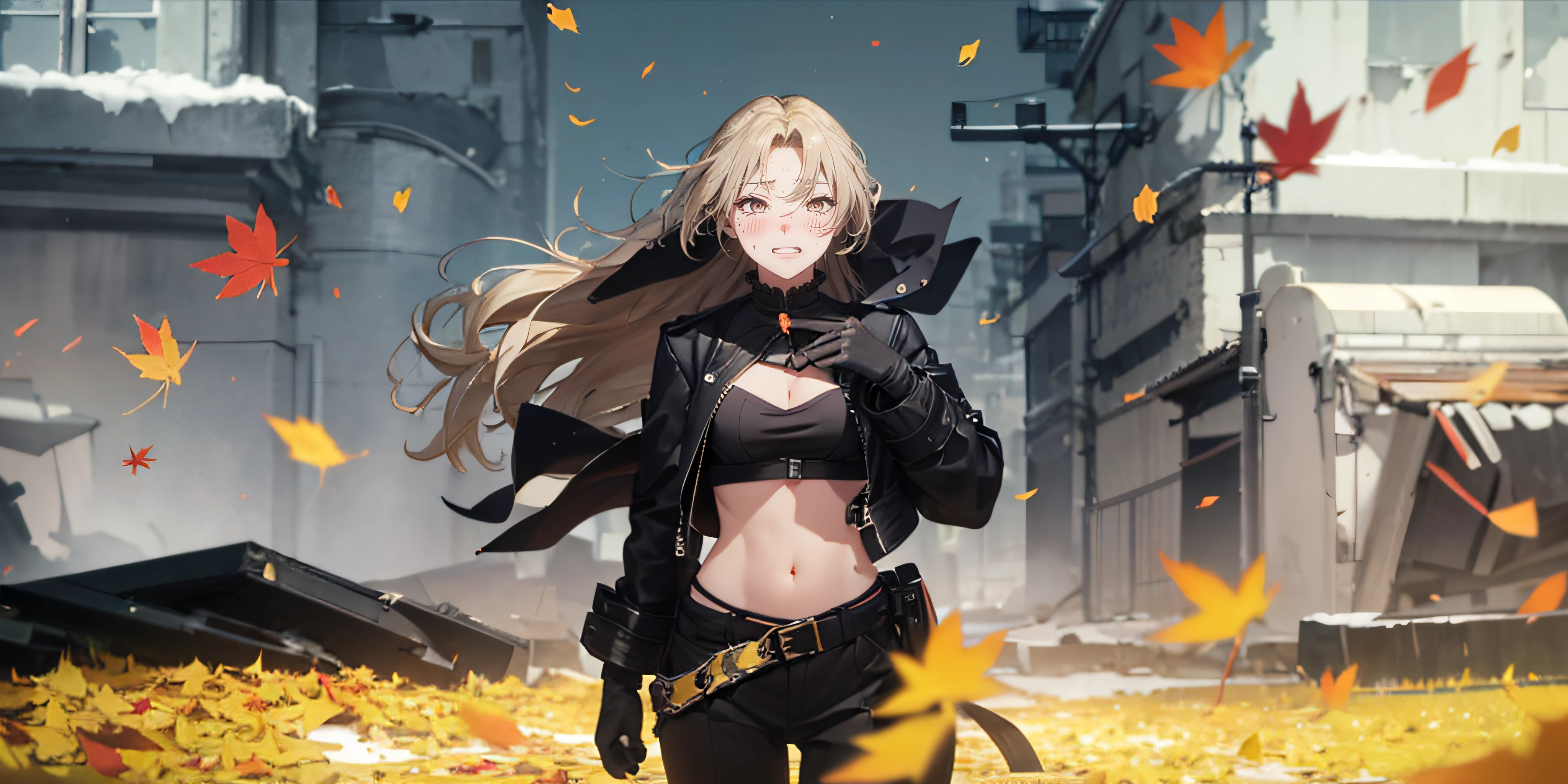 1girl, long_hair, gloves, navel, blue_eyes, midriff, blonde_hair, wind, open_mouth, solo, confetti, autumn_leaves, pants, petals, black_gloves, smile, belt, breasts, jacket, falling_leaves, looking_at_viewer, autumn, black_pants, parted_bangs, crop_top, :d, forehead, floating_hair, stomach, medium_breasts, leather_jacket, outdoors, leaf, standing, artist_name, fire, open_clothes, long_sleeves, wind_lift, leather