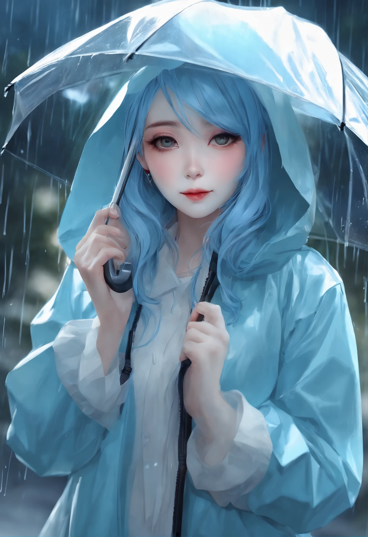 (1girl))), (((White Face))), (((Long hair))), (((Blue hair))), (((Wave hair)), (((light blue RainCoat))), ((smile face))), (((looking at us))),(((transparent Raincoat))),(((remove hoodie))),(((umbrella transparent))), HIGH QUALITY, MASTERPIECE, EXTREME DETAIL