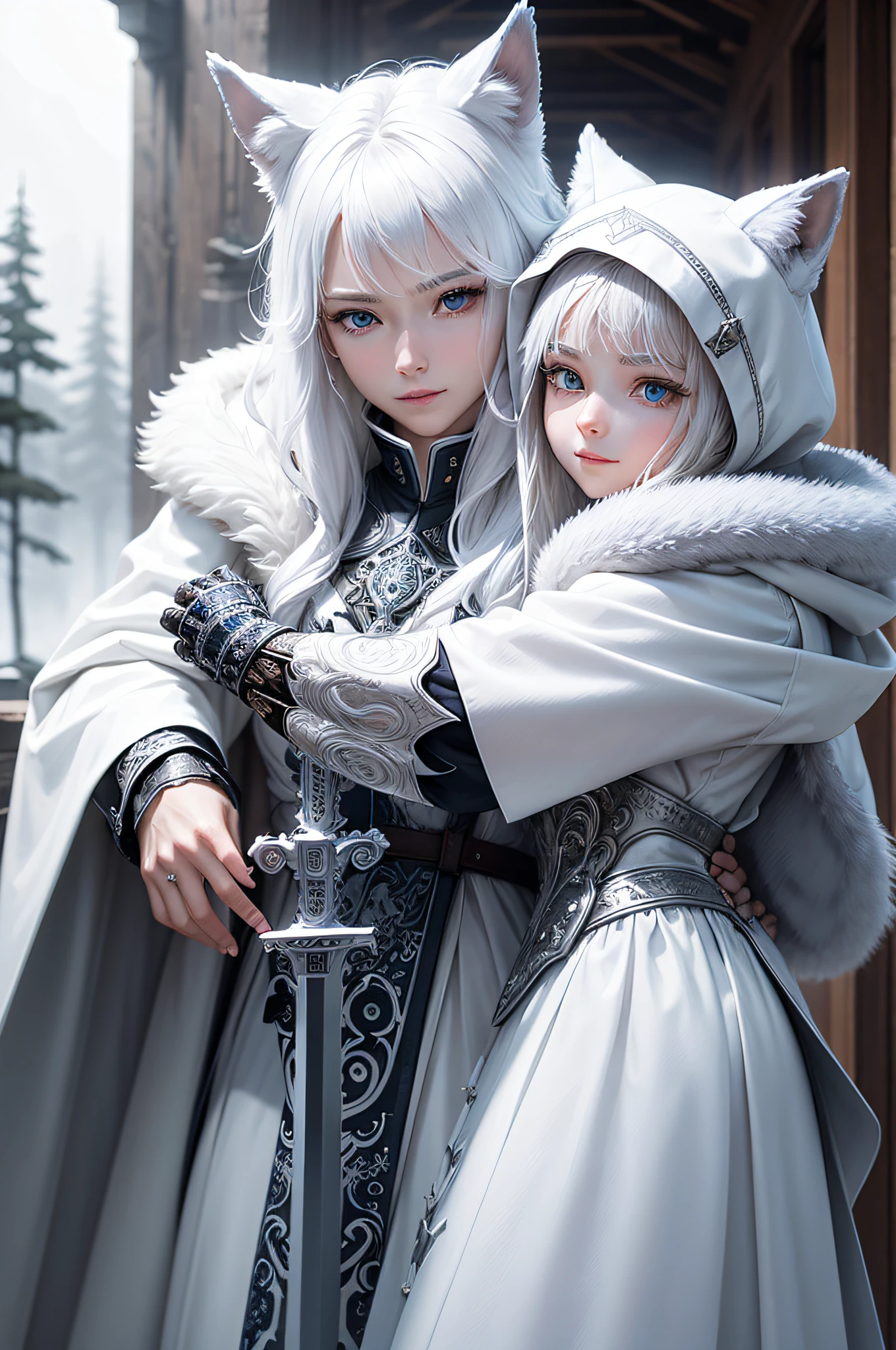 Bright and refreshing space、White is the key.、Smiling kindly、peaceful、Tiere、Not a person、unmanned、in woods、White Wolf、cyborgs、Metal Wolf、Have a beautiful sword、Shining blue eyes、1bolt、(intricate-detail)、nffsw、(intricate-detail、ultra-detailliert:1.2)、Cinematic shots、vignettes、central,、top grade、Eyes are clear、The sword shines、wearing a fur coat、Wearing a fur hood、The air is clean、A sparkling space、optic