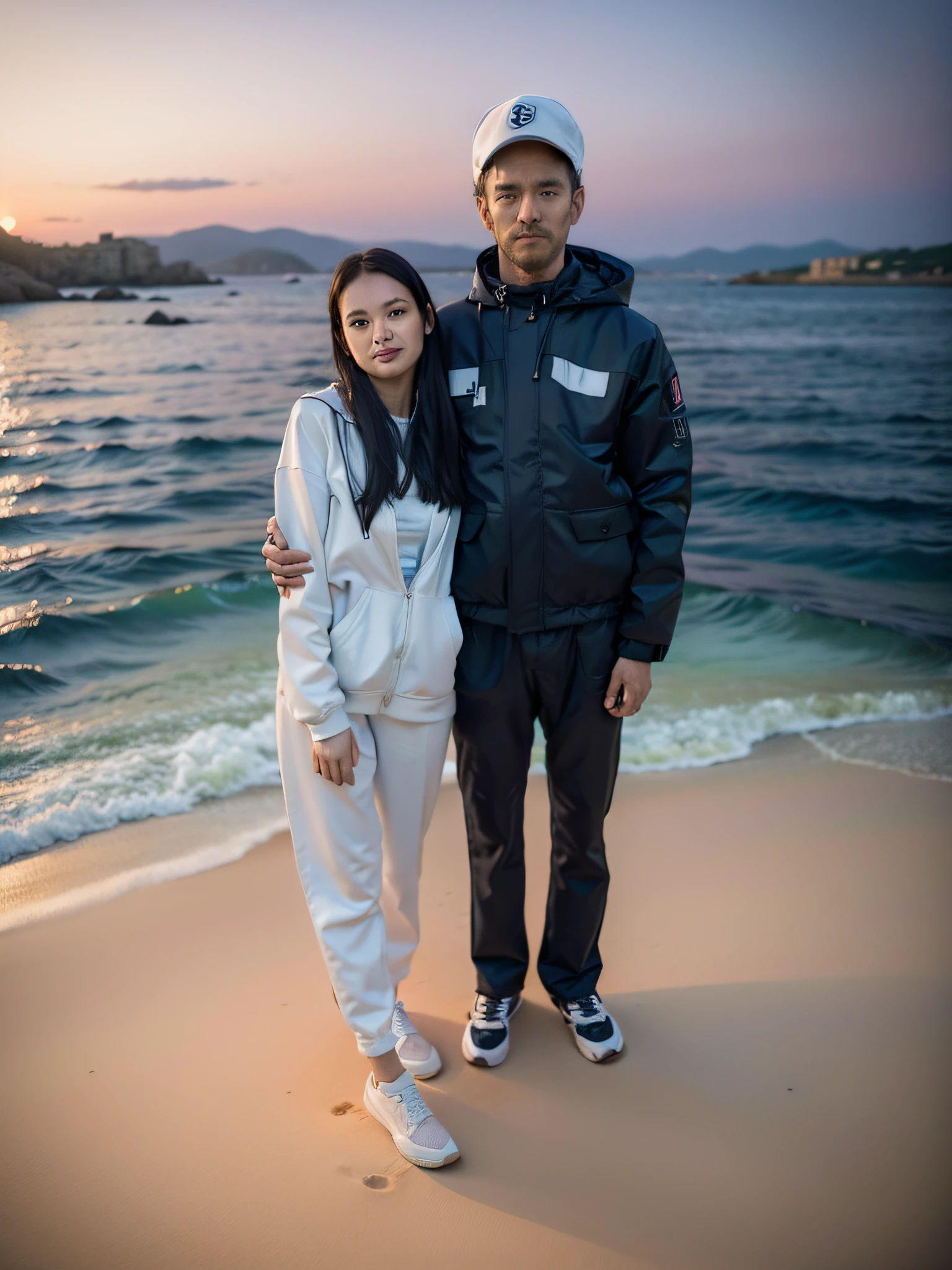 A man and a woman are standing nearby, Air Force Jumpsuit, Realistic full-length portrait, Wearing a tracksuit, ussr suit, uniform, in a tracksuit, Cap de Creus National Park, Beautiful views and wild bays, A mesmerizing place with an amazing combination of rocks, Unbelievable sensations, Looks like another planet, natural complex in Spain, in Catalonia, on the Cadaqués Peninsula, There, Where the mountains come together, Sea and desert landscapes, Here you can see many species of plants and animals, who have adapted to harsh environmental conditions, It offers stunning views of the sea and the surrounding mountains, Lots of hiking and cycling trails, photo-realistic, photo, tmasterpiece, realisti, 真实感, photo realism, High contrast, photorealistic digital art is trending on Artstation 8k HD HD, Detailed, Realistic, Detailed, skin texture, hyper detailed, realistic skin texture, Fittings, beste-Qualit, extra high resolution, (Photorealistic: 1,4), hight resolution, Detailed, RAW photo, sharp RE, Lee Jeffries Nikon D850 Film Photography 4 Kodak Portra 400 Camera F1 Lens.6 rich colors Hyper-realistic realistic texture Dramatic lighting UnrealEngine trending on ArtStation Cinestill 800