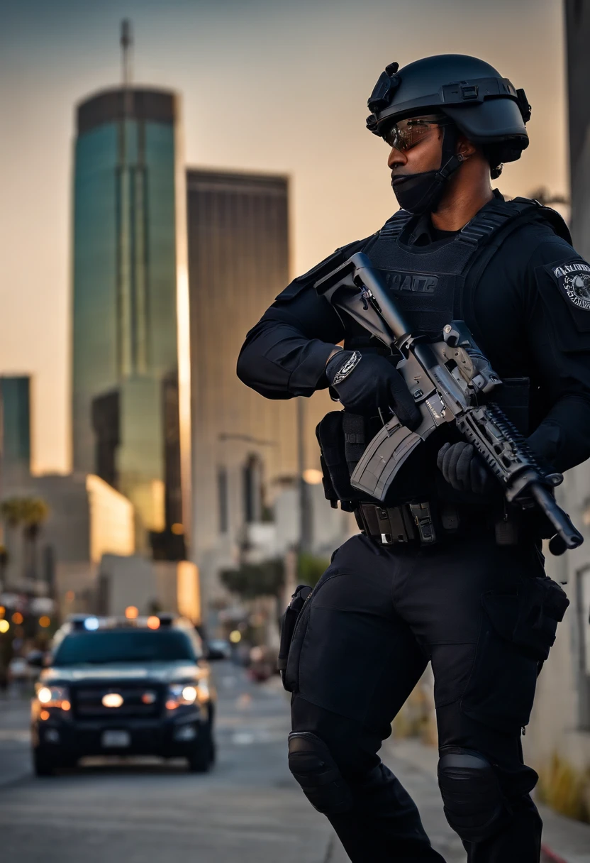 LAPD officer, male focus, black SWAT outfit, he is on the side of an Armored SWAT car, los angeles city backdrop, he is heavily armed with a rifle, city backdrop, ultra detailed scenery, ultra sharp focus