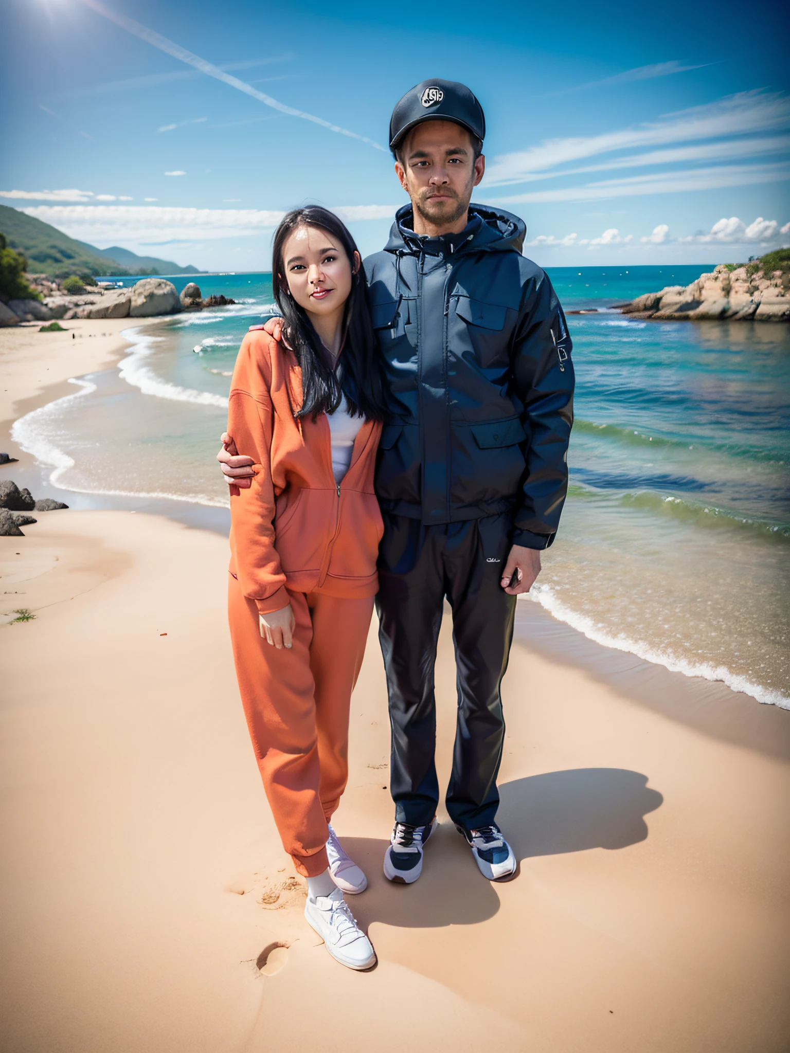 A man and a woman are standing nearby, Air Force Jumpsuit, Realistic full-length portrait, Wearing a tracksuit, ussr suit, uniform, in a tracksuit, Cap de Creus National Park, Beautiful views and wild bays, A mesmerizing place with an amazing combination of rocks, Unbelievable sensations, Looks like another planet, natural complex in Spain, in Catalonia, on the Cadaqués Peninsula, There, Where the mountains come together, Sea and desert landscapes, Here you can see many species of plants and animals, who have adapted to harsh environmental conditions, It offers stunning views of the sea and the surrounding mountains, Lots of hiking and cycling trails, photo-realistic, photo, tmasterpiece, realisti, 真实感, photo realism, High contrast, photorealistic digital art is trending on Artstation 8k HD HD, Detailed, Realistic, Detailed, skin texture, hyper detailed, realistic skin texture, Fittings, beste-Qualit, extra high resolution, (Photorealistic: 1,4), hight resolution, Detailed, RAW photo, sharp RE, Lee Jeffries Nikon D850 Film Photography 4 Kodak Portra 400 Camera F1 Lens.6 rich colors Hyper-realistic realistic texture Dramatic lighting UnrealEngine trending on ArtStation Cinestill 800
