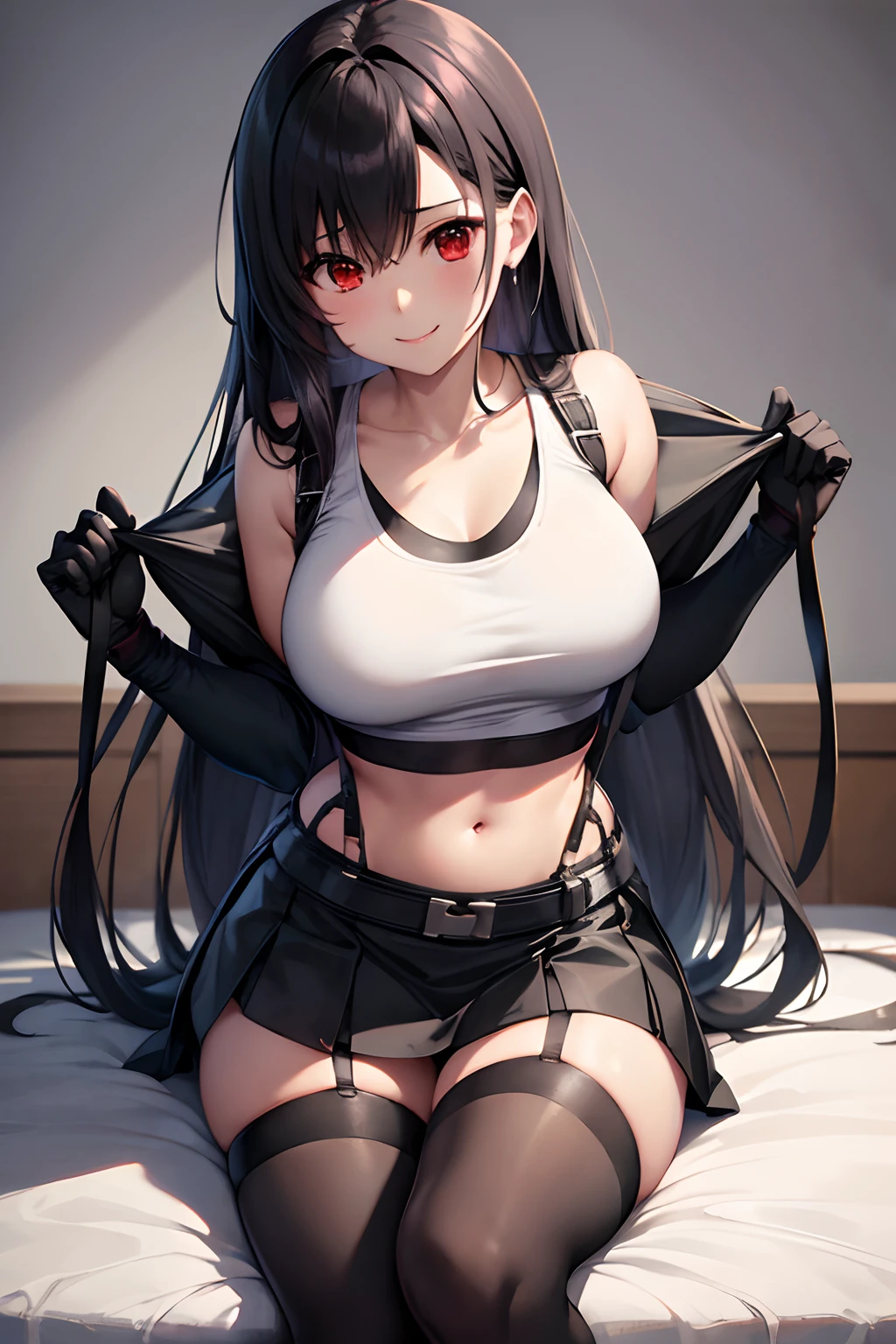 Tifa FF7、1girl in、独奏、looking at the viewers、wariza、seducting smile、(white tank tops:1.3)、a black skirt、Suspender Skirt、Midriff、(black thighhighs:1.3)、Red gloves、bra very、zettairyouiki、is standing