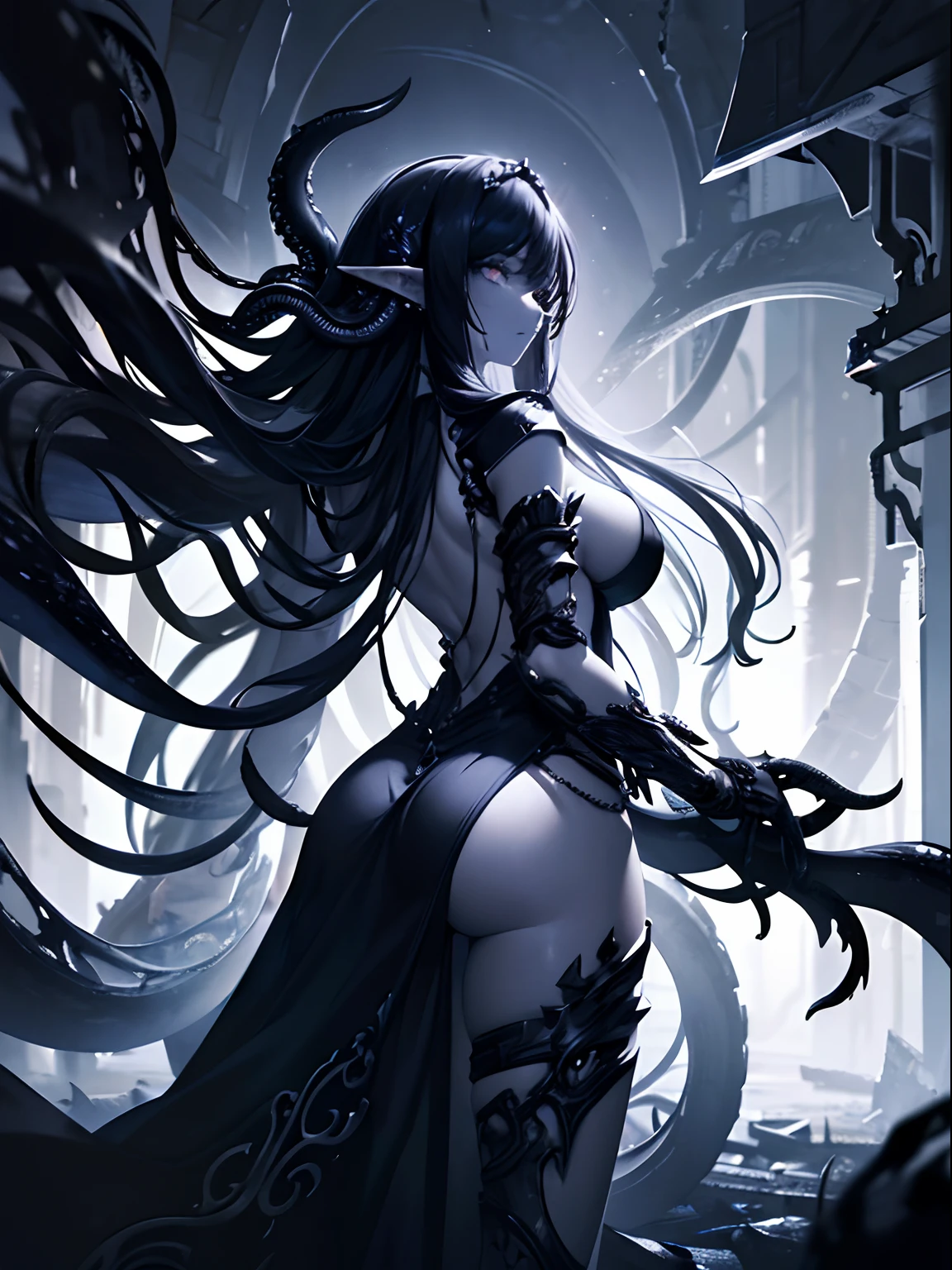 (Masterpiece, Best quality, ultra high resolution),1girl,very long hair,dark black hair,elf ears, black skin, beautiful and detailed face, detailed eyes,ceremonial tunic,(tentacles coming out of his back, metal tentacles, mechanical tentacles, with blades),in a ruined palace, ((grey and blue theme))