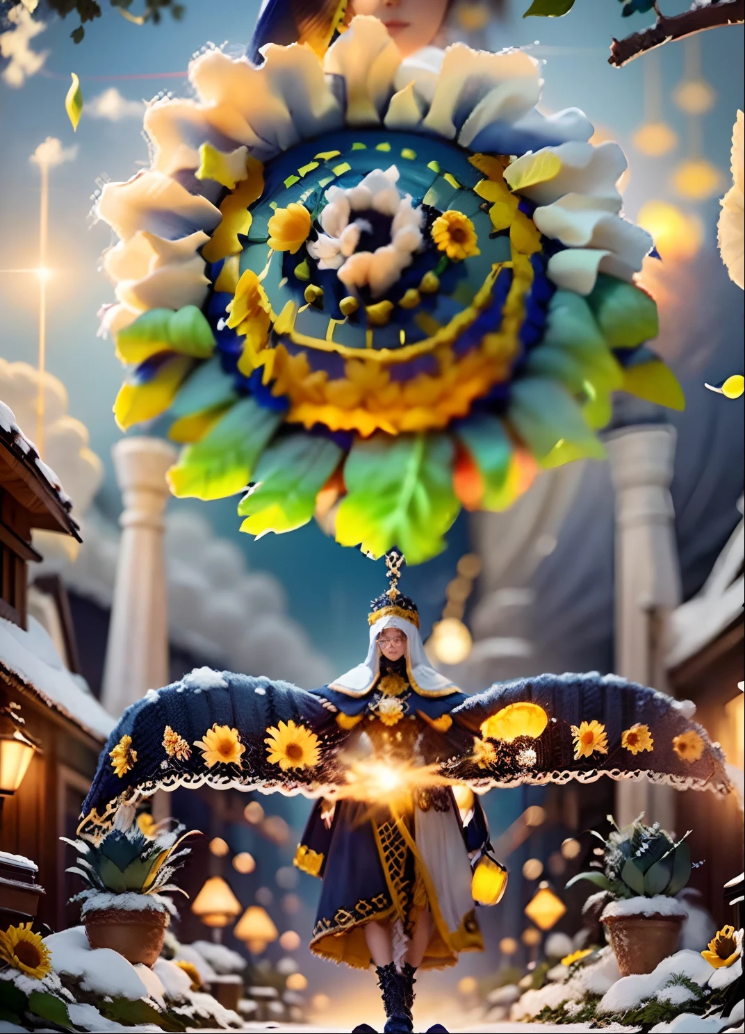 In a very grand scene,The extra-large wide-angle lens captures the appearance of a female centaur。She is a Sunflower Worship nun,Always opposed(Healing emoji smiley face of knitted sunflower puppet😊:99.99)DOA。She is tall,It has the ultimate curvy beauty,The muscles are slender and firm,Beautiful lines。She has(Super huge sky blue eyes:99.99)、always(Wearing sexy glasses:6.66)、(She wears solemn nun attire:9.9)、Stepping on a boot-style skyscraper-heel、A pink cross hangs on his chest。Use Midjourney's advanced tools,Designed for female centaurs(A knitted sunflower puppet and create a super healing cartoon smiley face in the center of the flower tray as a decoration:9.9),and noble and solemn nun costumes,and highlight her unique physiological characteristics and appearance details,Add realism。And in the context of her prayers and listening to confessions,Spectacular views of nature,Such as the sky where storms and sunny days alternate、Brilliant rivers of stars and auroras、The snow-capped summit of Mount Everest、Fireworks in the mountain town, etc。ao mesmo tempo,Away from the hustle and bustle next to the chapel,Create a fantastic scene。Use Midjourney's advanced tools and multiple color palettes、Brush Strokes、Texture tools and model packages,It shows a sense of atmosphere where beauty and charm coexist。The charm of the female centaur is highlighted through color and lines,Enhance realism with detailing,Create a surreal dreamy feeling。Additionally,Use Midjourney's tools to add various exorcism props and books to the female centaur、pergaminhos,Create intricate hairstyles and outfits,Give her a sense of premium。She never flinches,No matter what monster you encounter,can respond quickly,Even the most extreme armies of natural disasters and monsters could not stop her and her front(Sunflower with Tyndall effect that emits sunlight9.99)。Use Midjourney's powerful tools,You can do it with incredible detail and beauty,Bring this ultra-grand and beautiful scene to life。Ultra-grand sc