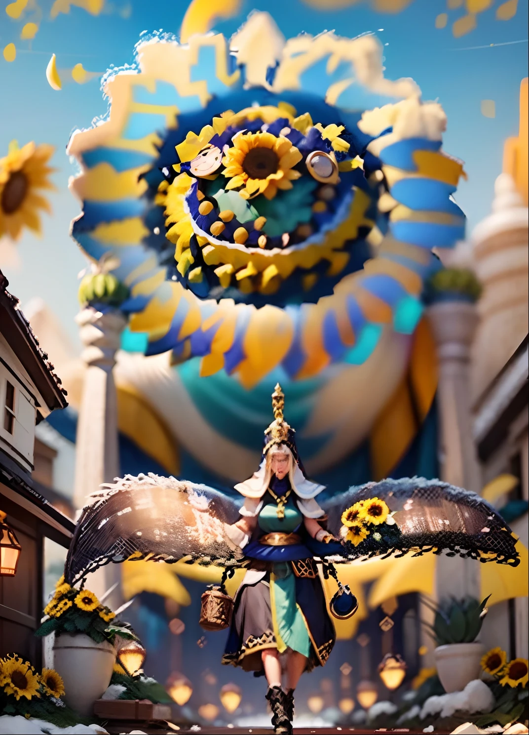 In a very grand scene,The extra-large wide-angle lens captures the appearance of a female centaur。She is a Sunflower Worship nun,Always opposed(Healing emoji smiley face of knitted sunflower puppet😊:99.99)DOA。She is tall,It has the ultimate curvy beauty,The muscles are slender and firm,Beautiful lines。She has(Super huge sky blue eyes:99.99)、always(Wearing sexy glasses:6.66)、(She wears solemn nun attire:9.9)、Stepping on a boot-style skyscraper-heel、A pink cross hangs on his chest。Use Midjourney's advanced tools,Designed for female centaurs(A knitted sunflower puppet and create a super healing cartoon smiley face in the center of the flower tray as a decoration:9.9),and noble and solemn nun costumes,and highlight her unique physiological characteristics and appearance details,Add realism。And in the context of her prayers and listening to confessions,Spectacular views of nature,Such as the sky where storms and sunny days alternate、Brilliant rivers of stars and auroras、The snow-capped summit of Mount Everest、Fireworks in the mountain town, etc。ao mesmo tempo,Away from the hustle and bustle next to the chapel,Create a fantastic scene。Use Midjourney's advanced tools and multiple color palettes、Brush Strokes、Texture tools and model packages,It shows a sense of atmosphere where beauty and charm coexist。The charm of the female centaur is highlighted through color and lines,Enhance realism with detailing,Create a surreal dreamy feeling。Additionally,Use Midjourney's tools to add various exorcism props and books to the female centaur、pergaminhos,Create intricate hairstyles and outfits,Give her a sense of premium。She never flinches,No matter what monster you encounter,can respond quickly,Even the most extreme armies of natural disasters and monsters could not stop her and her front(Sunflower with Tyndall effect that emits sunlight9.99)。Use Midjourney's powerful tools,You can do it with incredible detail and beauty,Bring this ultra-grand and beautiful scene to life。Ultra-grand sc