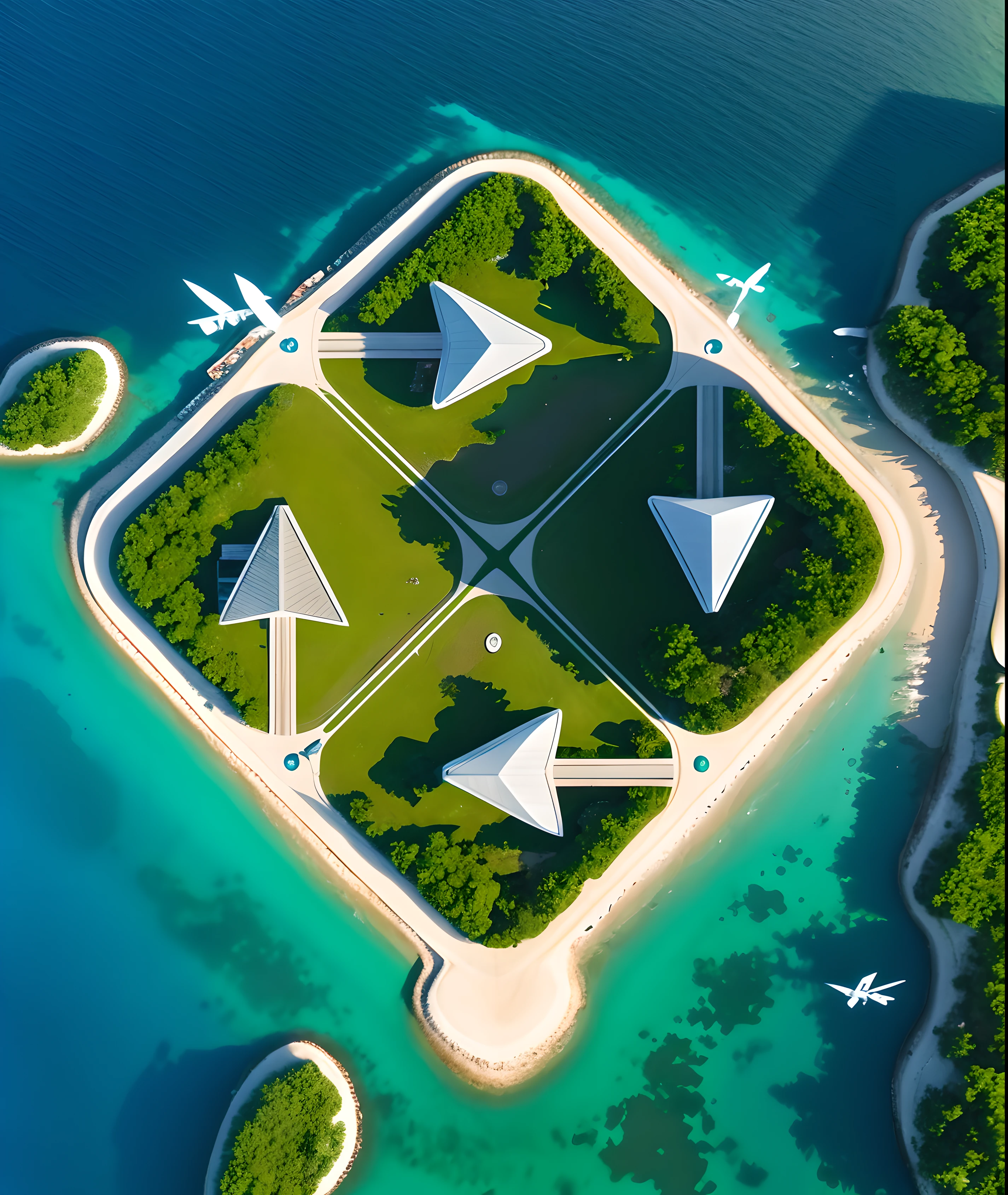 Birds eyes view. An Island surrounded by the Sea. The Island is in the shape of a arrows, the Island is covereg with greenery. The Island has white Sandy Beaches, there is a ship in the Sea, there are seagulls, drone photography, aerial view, tropical Island, aerial shot, very close to real nature