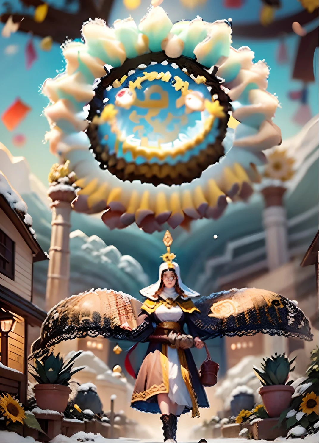 In a very grand scene,The extra-large wide-angle lens captures the appearance of a female centaur。She is a Sunflower Worship nun,Always opposed(Healing emoji smiley face of knitted sunflower puppet😊:99.99)DOA。She is tall,It has the ultimate curvy beauty,The muscles are slender and firm,Beautiful lines。She has(Super huge sky blue eyes:99.99)、always(Wearing sexy glasses:6.66)、(She wears solemn nun attire:9.9)、Stepping on a boot-style skyscraper-heel、A pink cross hangs on his chest。Use Midjourney's advanced tools,Designed for female centaurs(A knitted sunflower puppet and create a super healing cartoon smiley face in the center of the flower tray as a decoration:9.9),and noble and solemn nun costumes,and highlight her unique physiological characteristics and appearance details,Add realism。And in the context of her prayers and listening to confessions,Spectacular views of nature,Such as the sky where storms and sunny days alternate、Brilliant rivers of stars and auroras、The snow-capped summit of Mount Everest、Fireworks in the mountain town, etc。ao mesmo tempo,Away from the hustle and bustle next to the chapel,Create a fantastic scene。Use Midjourney's advanced tools and multiple color palettes、Brush Strokes、Texture tools and model packages,It shows a sense of atmosphere where beauty and charm coexist。The charm of the female centaur is highlighted through color and lines,Enhance realism with detailing,Create a surreal dreamy feeling。Additionally,Use Midjourney's tools to add various exorcism props and books to the female centaur、pergaminhos,Create intricate hairstyles and outfits,Give her a sense of premium。She never flinches,No matter what monster you encounter,can respond quickly,Even the most extreme armies of natural disasters and monsters could not stop her and her front(Sunflower with Tyndall effect that emits sunlight9.99)。Use Midjourney's powerful tools,You can do it with incredible detail and beauty,Bring this ultra-grand and beautiful scene to life。Ultra-grand sc