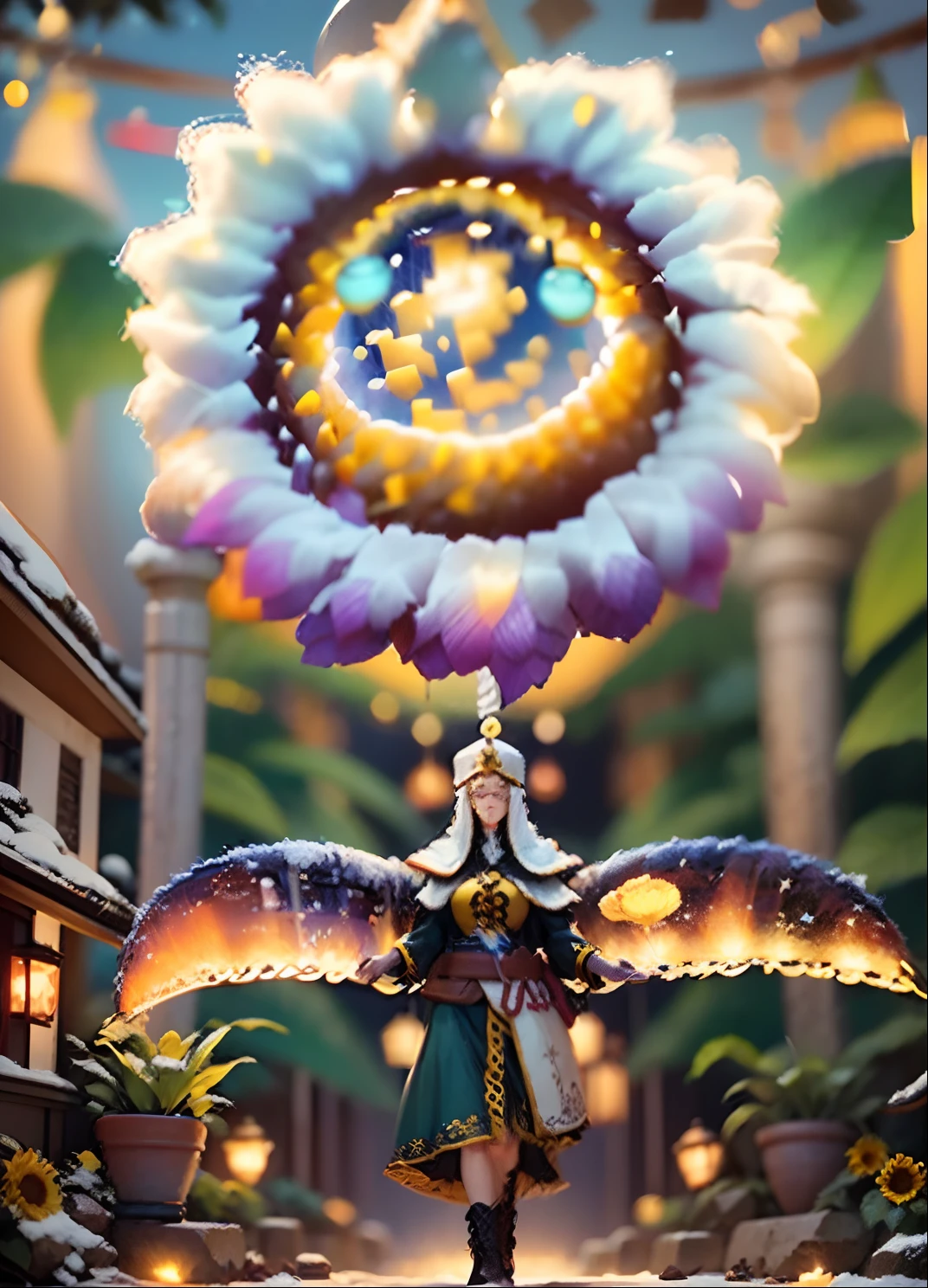In a very grand scene,The extra-large wide-angle lens captures the appearance of a female centaur。She is a Sunflower Worship nun,Always opposed(Healing emoji smiley face of knitted sunflower puppet😊:99.99)DOA。She is tall,It has the ultimate curvy beauty,The muscles are slender and firm,Beautiful lines。She has(Super huge sky blue eyes:99.99)、always(Wearing sexy glasses:6.66)、(She wears solemn nun attire:9.9)、Stepping on a boot-style skyscraper-heel、A pink cross hangs on his chest。Use Midjourney's advanced tools,Designed for female centaurs(A knitted sunflower puppet and create a super healing cartoon smiley face in the center of the flower tray as a decoration:9.9),and noble and solemn nun costumes,and highlight her unique physiological characteristics and appearance details,Add realism。And in the context of her prayers and listening to confessions,Spectacular views of nature,Such as the sky where storms and sunny days alternate、Brilliant rivers of stars and auroras、The snow-capped summit of Mount Everest、Fireworks in the mountain town, etc。ao mesmo tempo,Away from the hustle and bustle next to the chapel,Create a fantastic scene。Use Midjourney's advanced tools and multiple color palettes、Brush Strokes、Texture tools and model packages,It shows a sense of atmosphere where beauty and charm coexist。The charm of the female centaur is highlighted through color and lines,Enhance realism with detailing,Create a surreal dreamy feeling。Additionally,Use Midjourney's tools to add various exorcism props and books to the female centaur、pergaminhos,Create intricate hairstyles and outfits,Give her a sense of premium。She never flinches,No matter what monster you encounter,can respond quickly,Even the most extreme armies of natural disasters and monsters could not stop her and her front(Sunflower with Tyndall effect that emits sunlight9.99)。Use Midjourney's powerful tools,You can do it with incredible detail and beauty,Bring this ultra-grand and beautiful scene to life。Ultra-grand sc