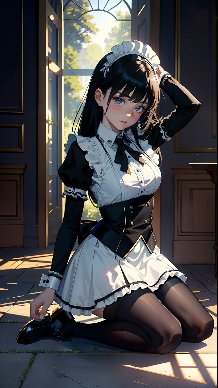 ​masterpiece, top-quality, Detailed details, Detailed landscapes, beatiful lights, Beautiful Shadows,girl with,Kneeling, (Get down on one knee and stretch your chest),sixteen years old,Black eyes,Expression of shame,a miniskirt,Maid appearance,Model Pose, detailed skin textures, Tyndall effect,mansion