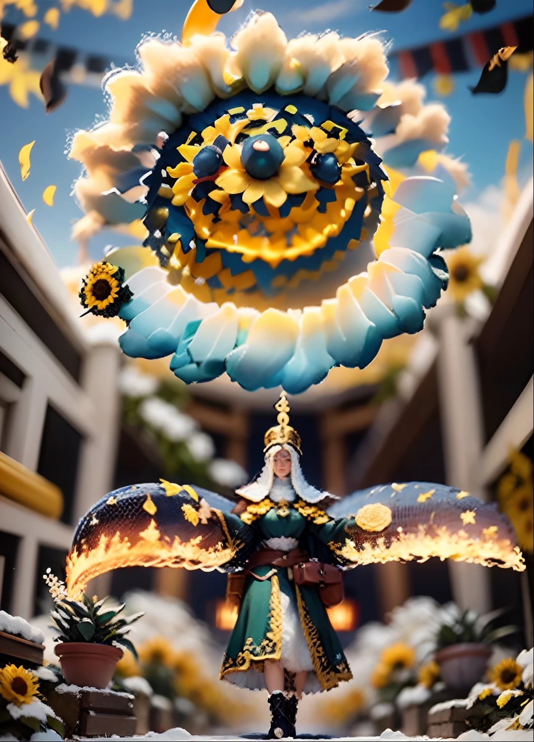 In a very grand scene,The extra-large wide-angle lens captures the appearance of a female centaur。She is a Sunflower Worship nun,Always opposed(Healing emoji smiley face of knitted sunflower puppet😊:99.99)DOA。She is tall,It has the ultimate curvy beauty,The muscles are slender and firm,Beautiful lines。She has(Super huge sky blue eyes:99.99)、always(Wearing sexy glasses:6.66)、(She wears solemn nun attire:9.9)、Stepping on a boot-style skyscraper-heel、A pink cross hangs on his chest。Use Midjourney's advanced tools,Designed for female centaurs(A knitted sunflower puppet and create a super healing cartoon smiley face in the center of the flower tray as a decoration:9.9),and noble and solemn nun costumes,and highlight her unique physiological characteristics and appearance details,Add realism。And in the context of her prayers and listening to confessions,Spectacular views of nature,Such as the sky where storms and sunny days alternate、Brilliant rivers of stars and auroras、The snow-capped summit of Mount Everest、Fireworks in the mountain town, etc。ao mesmo tempo,Away from the hustle and bustle next to the chapel,Create a fantastic scene。Use Midjourney's advanced tools and multiple color palettes、Brush Strokes、Texture tools and model packages,It shows a sense of atmosphere where beauty and charm coexist。The charm of the female centaur is highlighted through color and lines,Enhance realism with detailing,Create a surreal dreamy feeling。Additionally,Use Midjourney's tools to add various exorcism props and books to the female centaur、pergaminhos,Create intricate hairstyles and outfits,Give her a sense of premium。She never flinches,No matter what monster you encounter,can respond quickly,Even the most extreme armies of natural disasters and monsters could not stop her and her front(Sunflower with Tyndall effect that emits sunlight9.99)。Use Midjourney's powerful tools,You can do it with incredible detail and beauty,Bring this ultra-grand and beautiful scene to life。Ultra-grand sc