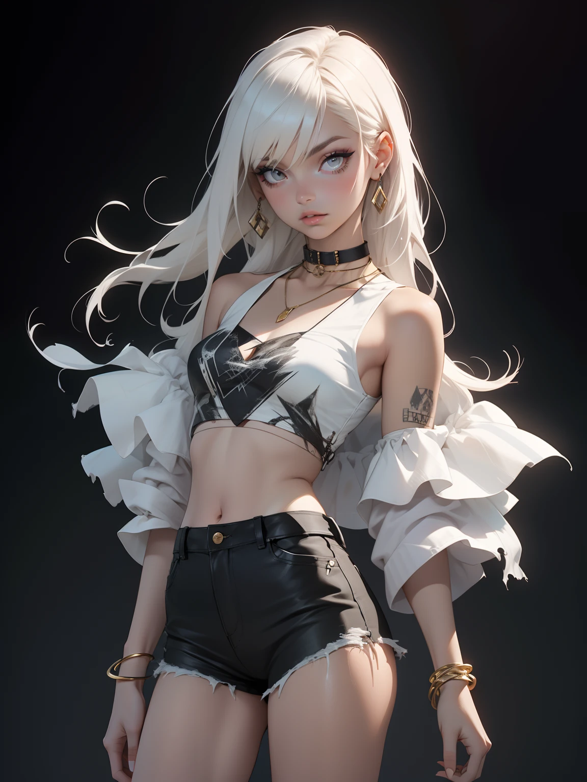 Superb Quality, Masterpiece, High Resolution, Best Quality, UHD, Super Detail, Award-Awarded, 16k, (Upper Body), A Beautiful Maiden, Gray Hair, Hair, ((Heterochromia), Hanging Corners, Fair Skin, (Small Breasts), (Slim Body), ((Sexy Backless Skirt)), (Neck Ring), (Short Gloves as Short as Half a Palm)