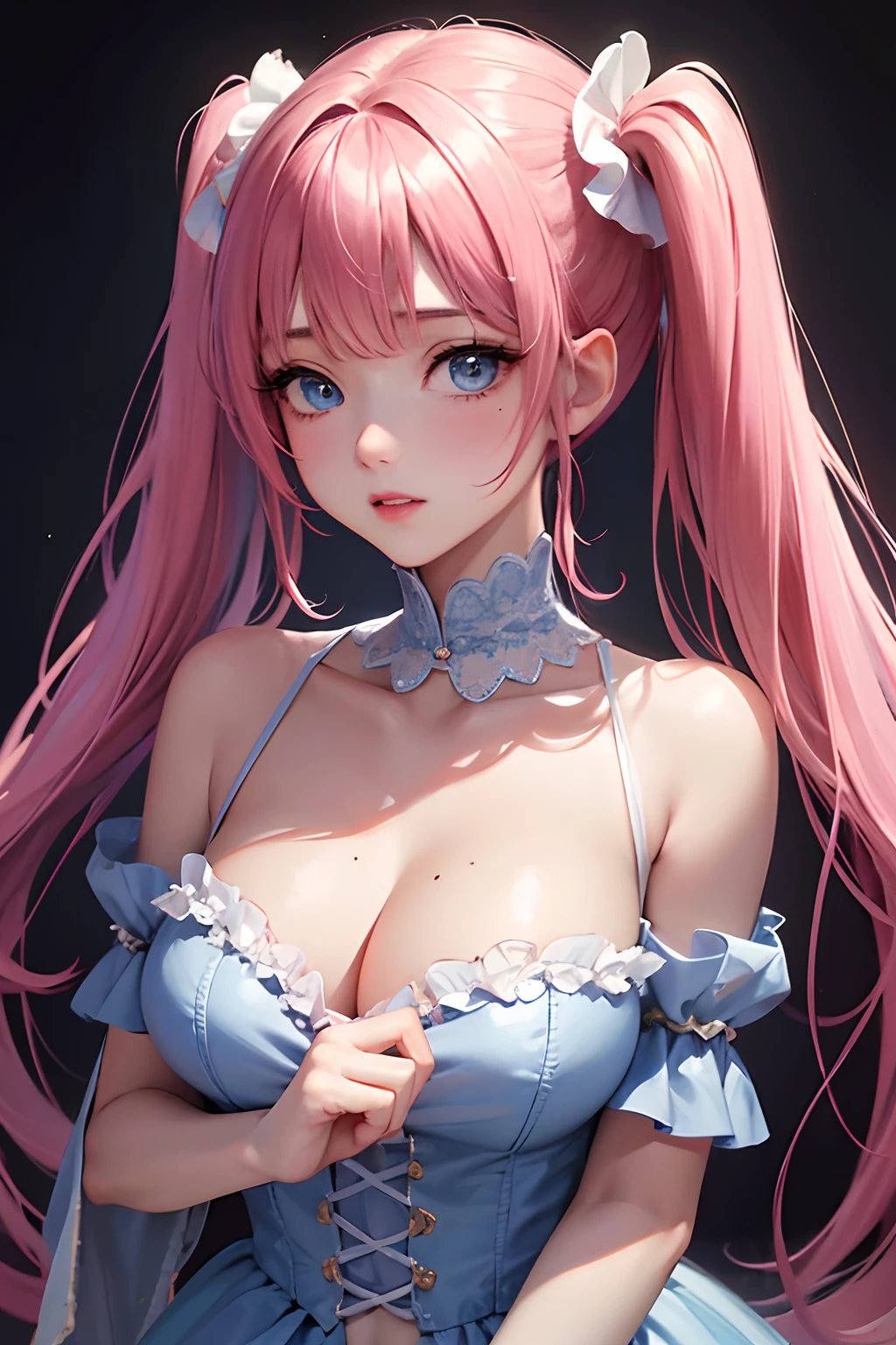 1girl in、looking at the viewers、
The upper part of the body、Beautiful blue eyes、Twin tails pink hair color、Moles under the eyes、Plump and glossy lips、Heart-shaped choker、。.。.。.。.。.。.。.。.。.。.。.3D、realisitic、
large full breasts、excessively frilled princess dress、draped clothes、jewely、ornament detached、florals、Lace trim、
masterpiece、top-quality、8K、detailed skin textures、Detailed Cloth Texture、beautifull detailed face、intricate-detail、ultra-detailliert、
Rim lighting、Side lighting、ciinematic light、超A high resolution、8K UHD、film grains、Best Shadow、delicated、gazing at viewer、front facing