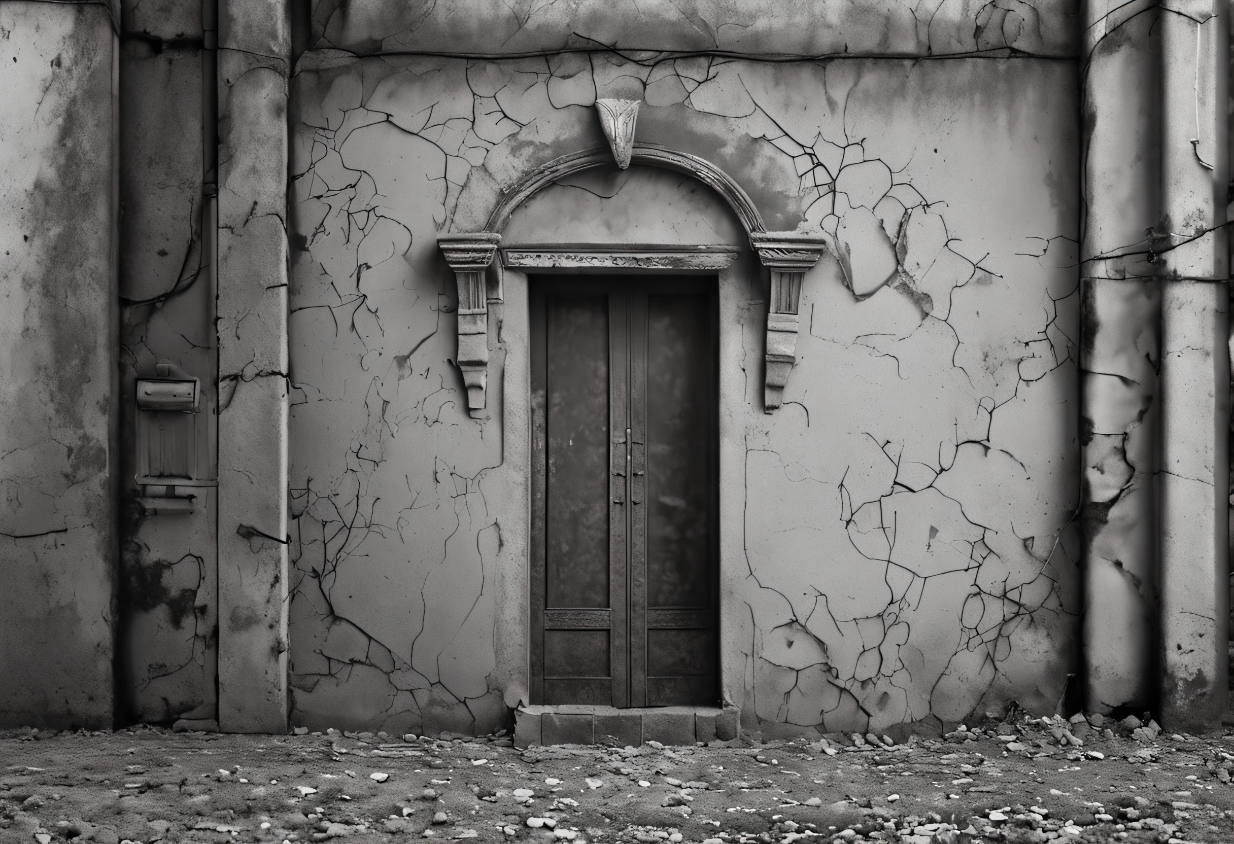 A thin creeper with a small number on the wall, a column, a plain on the ground, a gate in the middle, a real image related to the historical period, patterns and shapes and handprints on the wall, a broken window, a crack and a crack, simple and minimal. The object is few, the theme is gray and close to each other, pale, the theme is dark and dim, rays of light in some places, flat ground with small flowers, made of stone